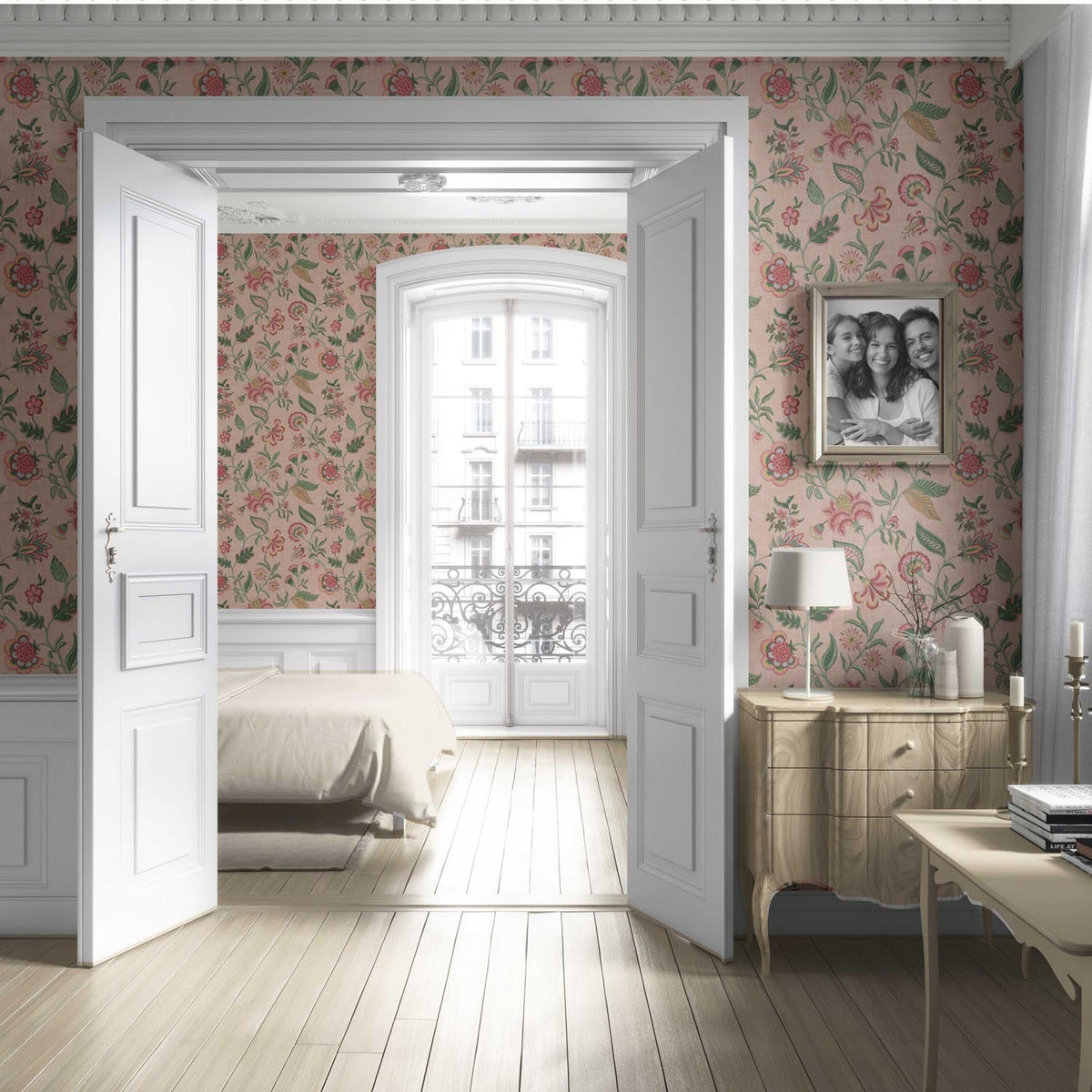 Botanical/ Floral Chinoiserie Living Room Wallpaper (Blush Pink/ Green/ Red/ Blue)