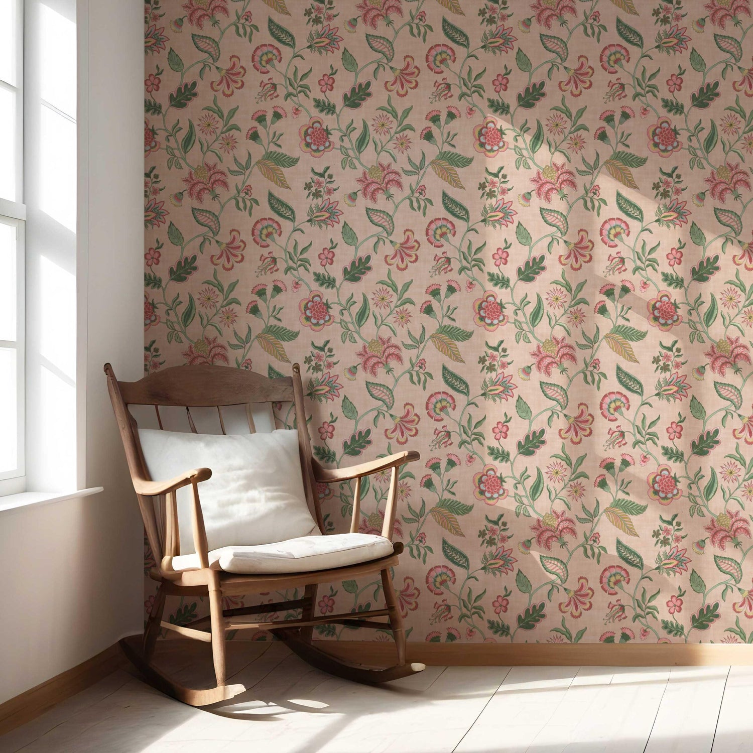 Botanical/ Floral Chinoiserie Nursery Wallpaper (Blush Pink/ Green/ Red/ Blue)