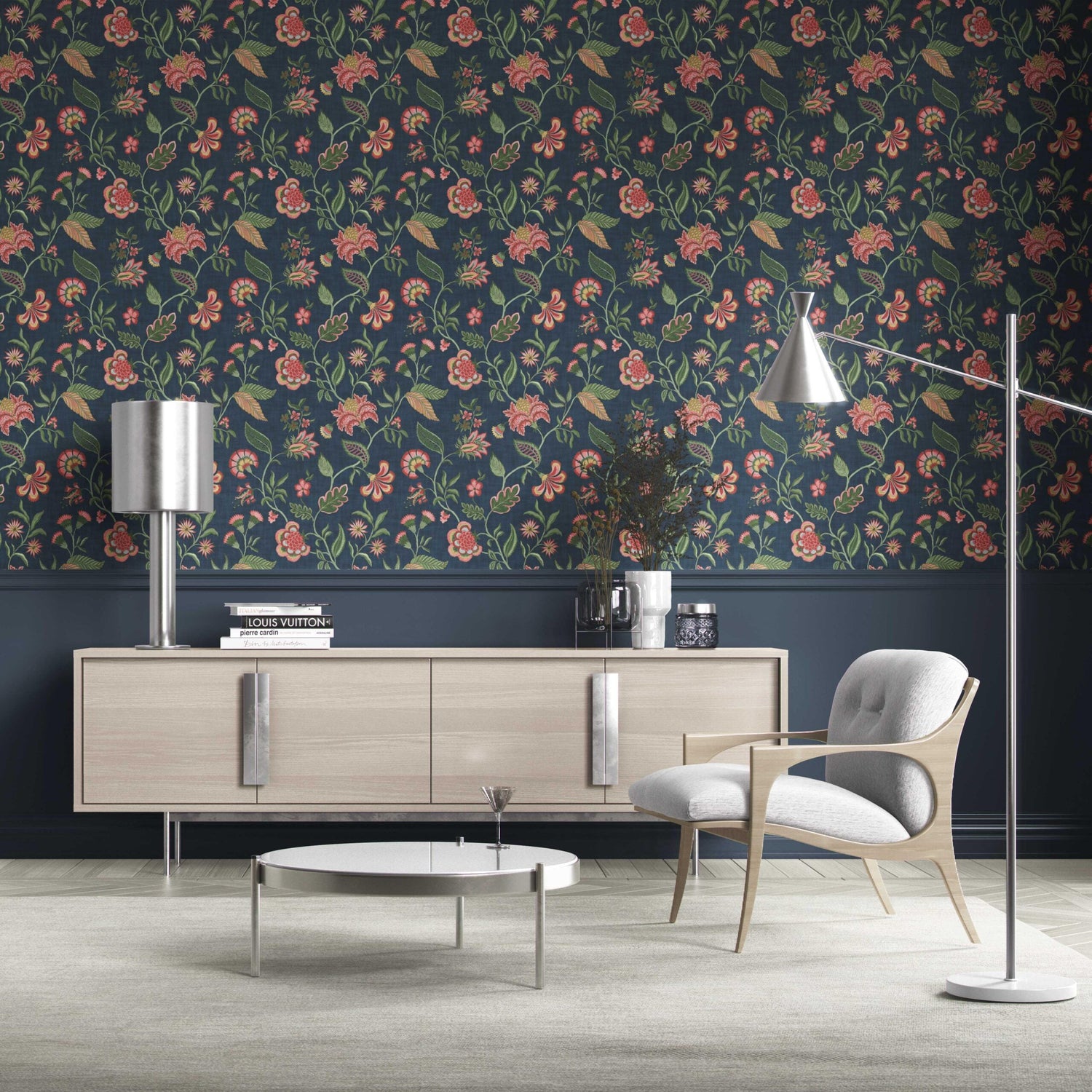 Botanical/ Floral Chinoiserie Kitchen Wallpaper (Navy Blue/ Pink/ Green/ Red)