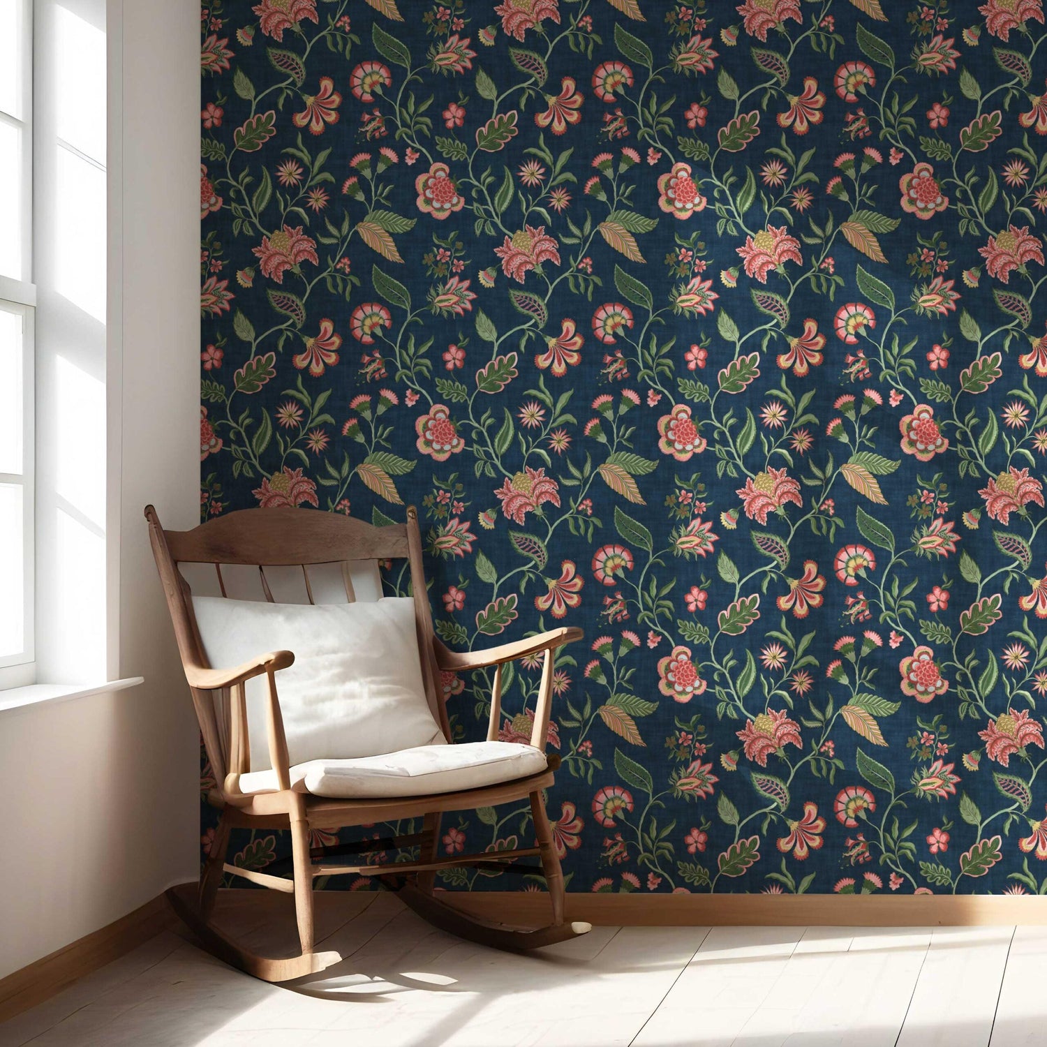 Botanical/ Floral Chinoiserie Nursery Wallpaper (Navy Blue/ Pink/ Green/ Red)