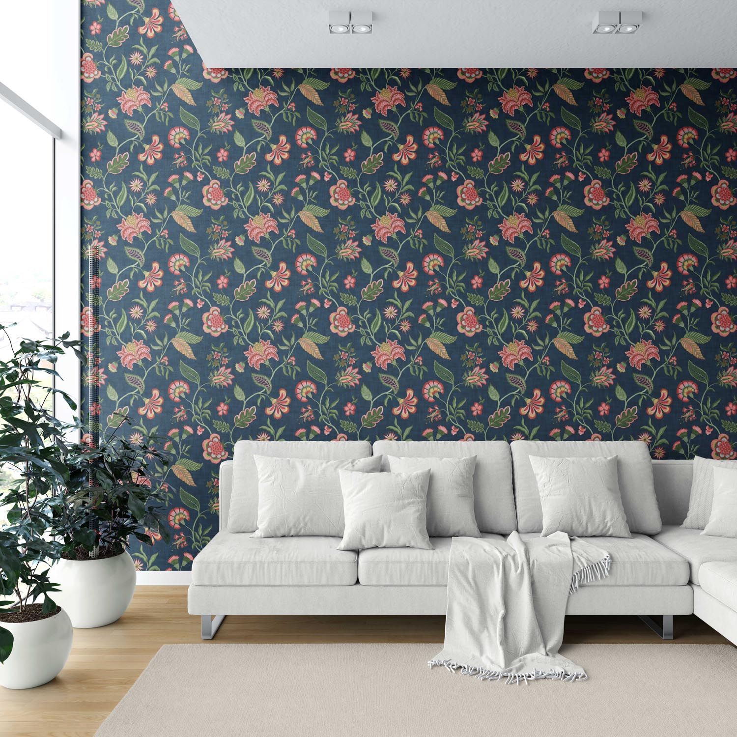 Botanical/ Floral Chinoiserie Shower Toilet Wallpaper (Navy Blue/ Pink/ Green/ Red)