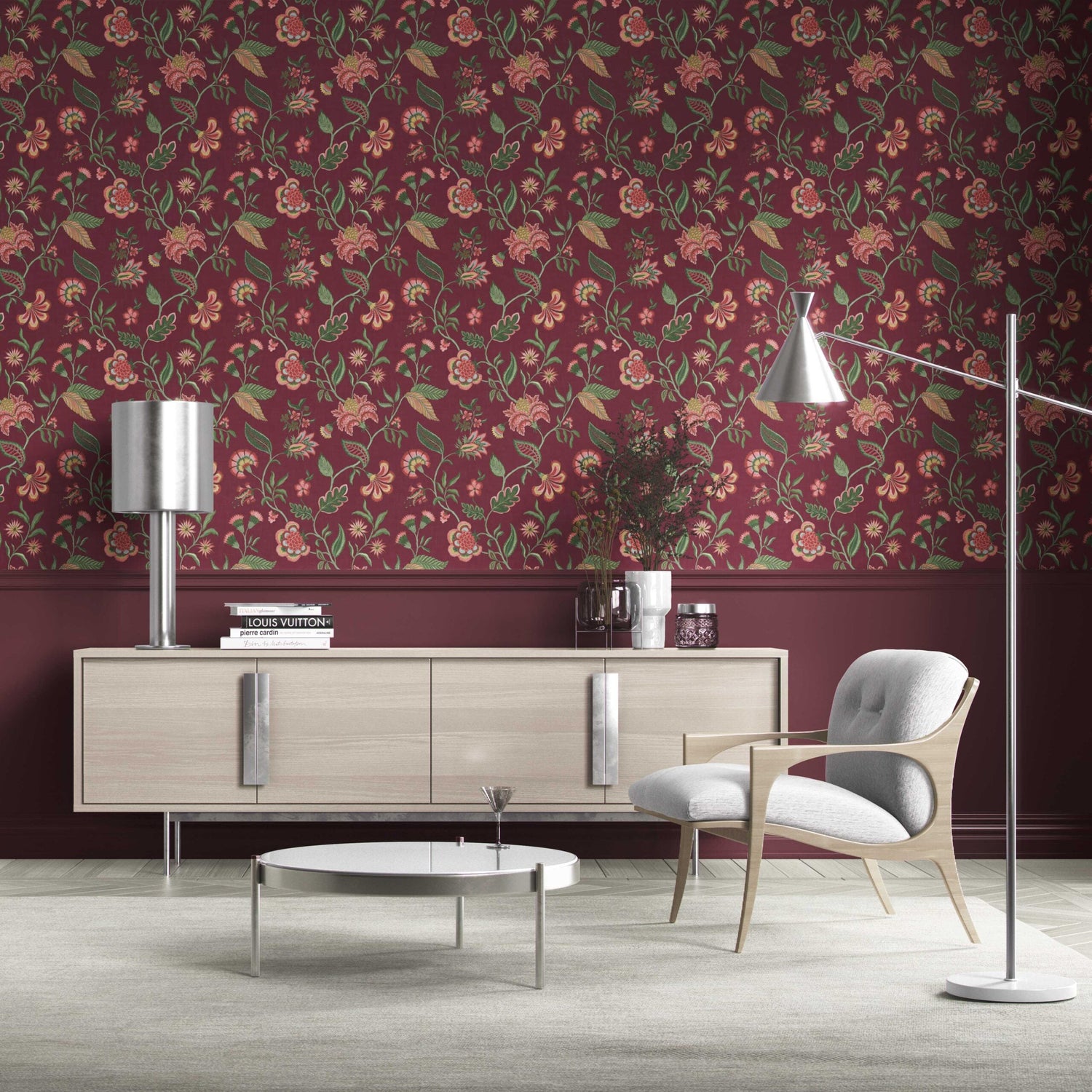 Botanical/ Floral Chinoiserie Kitchen Wallpaper (Maroon/ Red/ Pink/ Green)