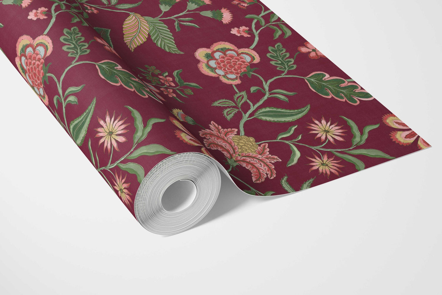 Botanical/ Floral Chinoiserie Bathroom Wallpaper (Maroon/ Red/ Pink/ Green)