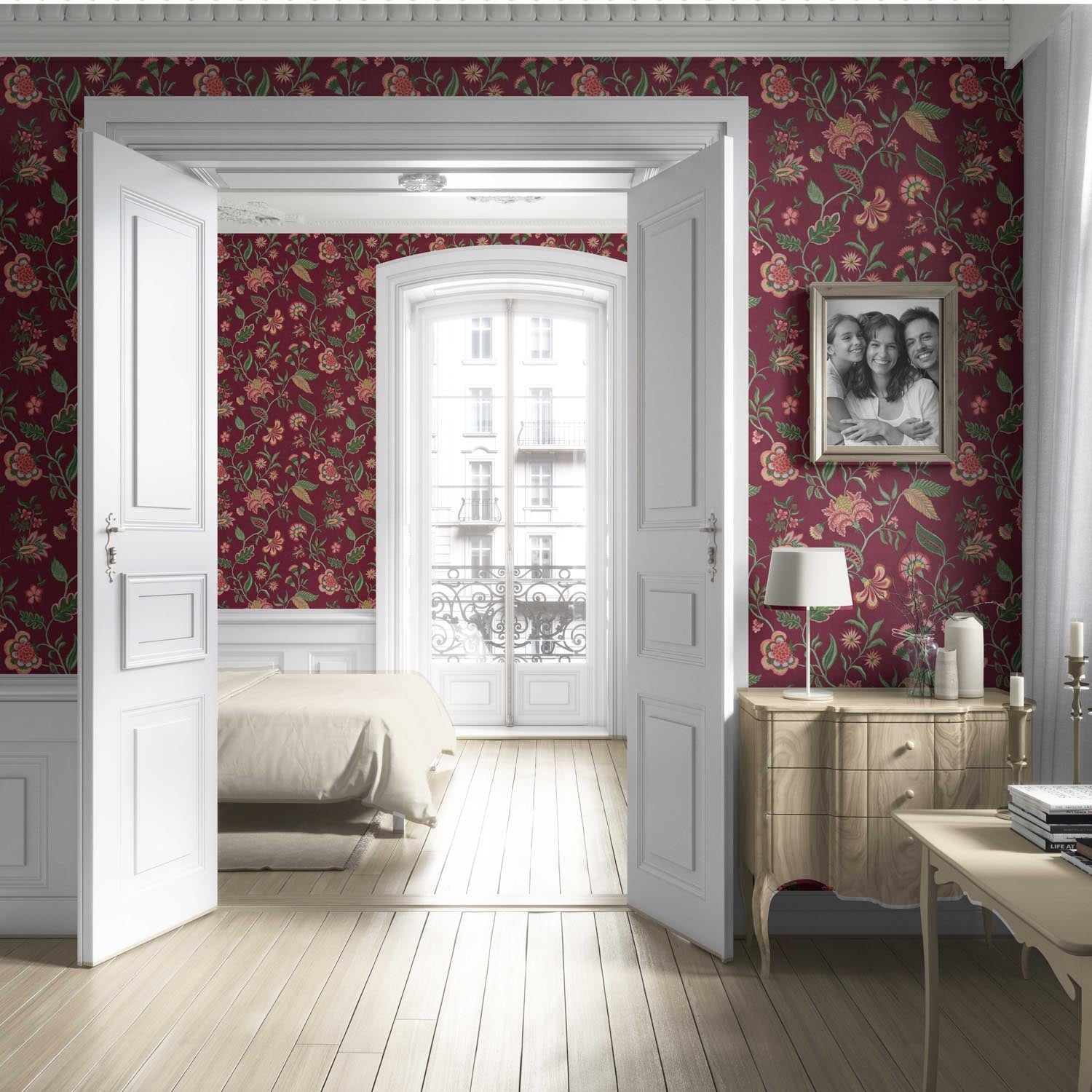 Botanical/ Floral Chinoiserie Living Room Wallpaper (Maroon/ Red/ Pink/ Green)