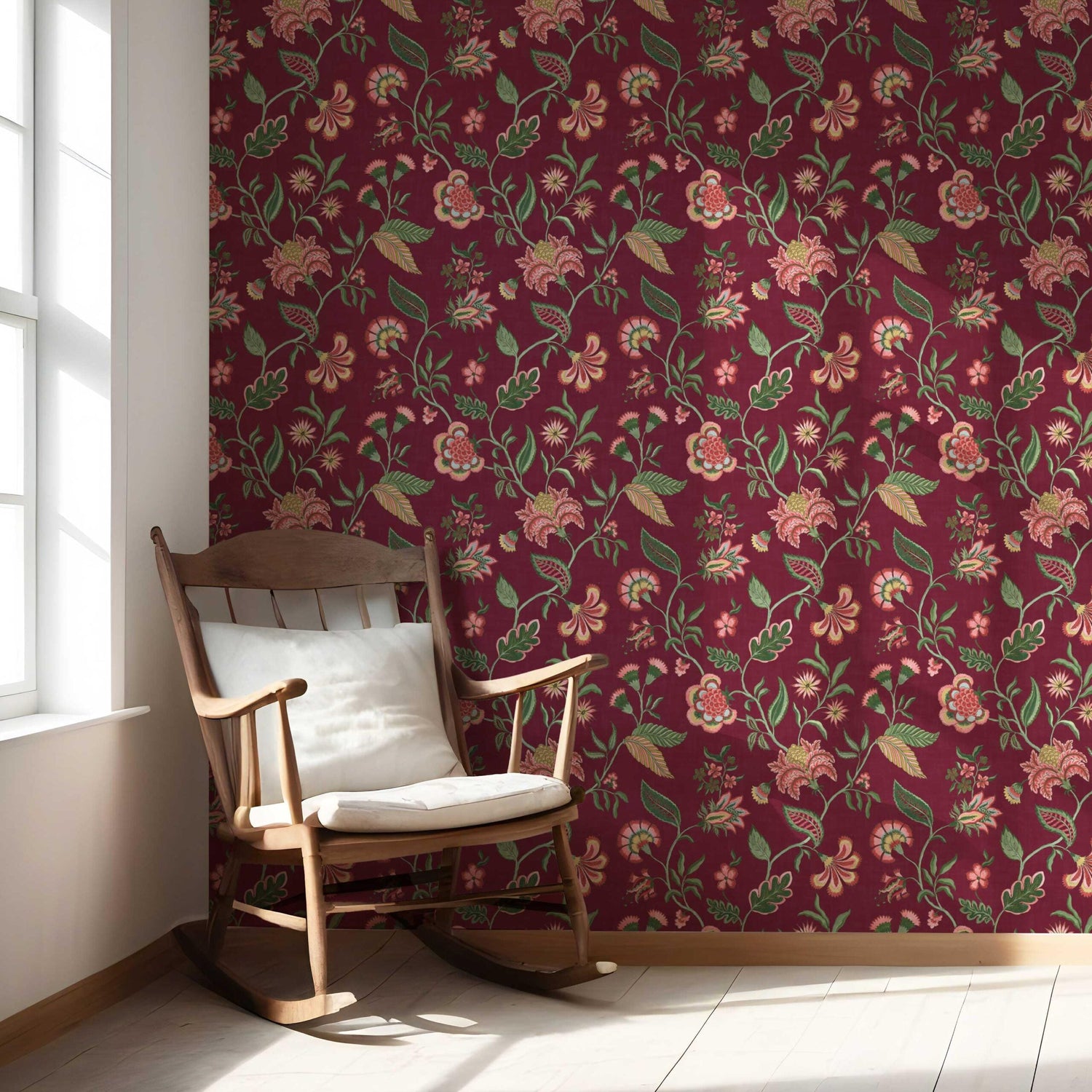 Botanical/ Floral Chinoiserie Nursery Wallpaper (Maroon/ Red/ Pink/ Green)