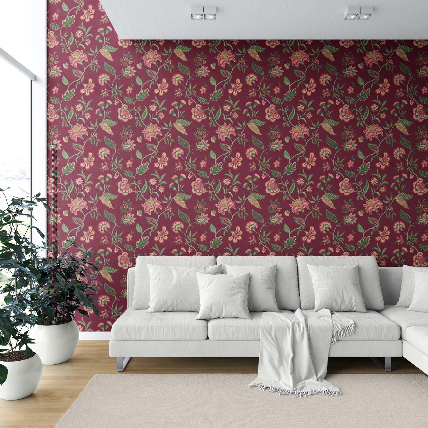 Botanical/ Floral Chinoiserie Shower Toilet Wallpaper (Maroon/ Red/ Pink/ Green)