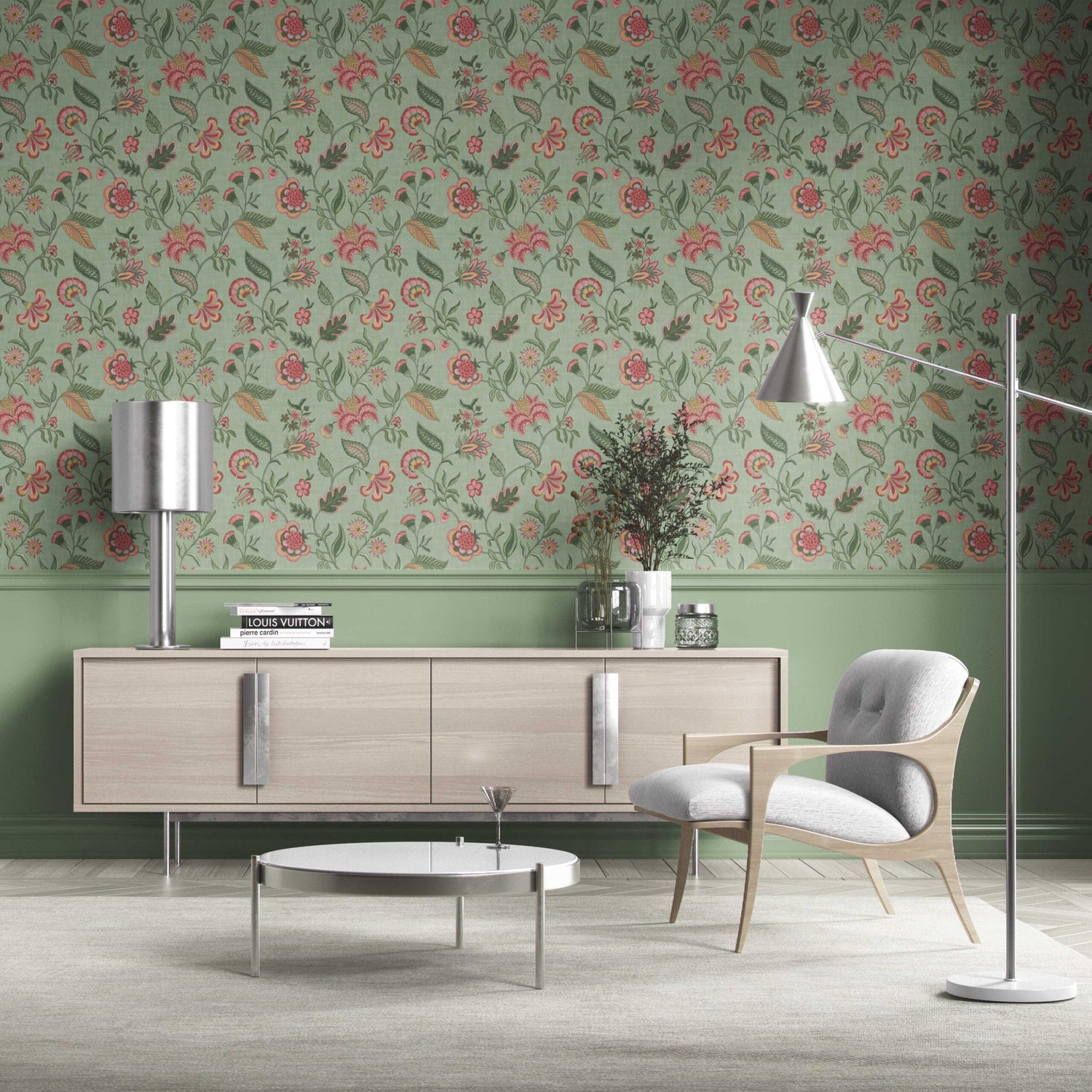 Botanical/ Floral Chinoiserie Kitchen Wallpaper (Sage Green/ Pink/ Red/ Blue)