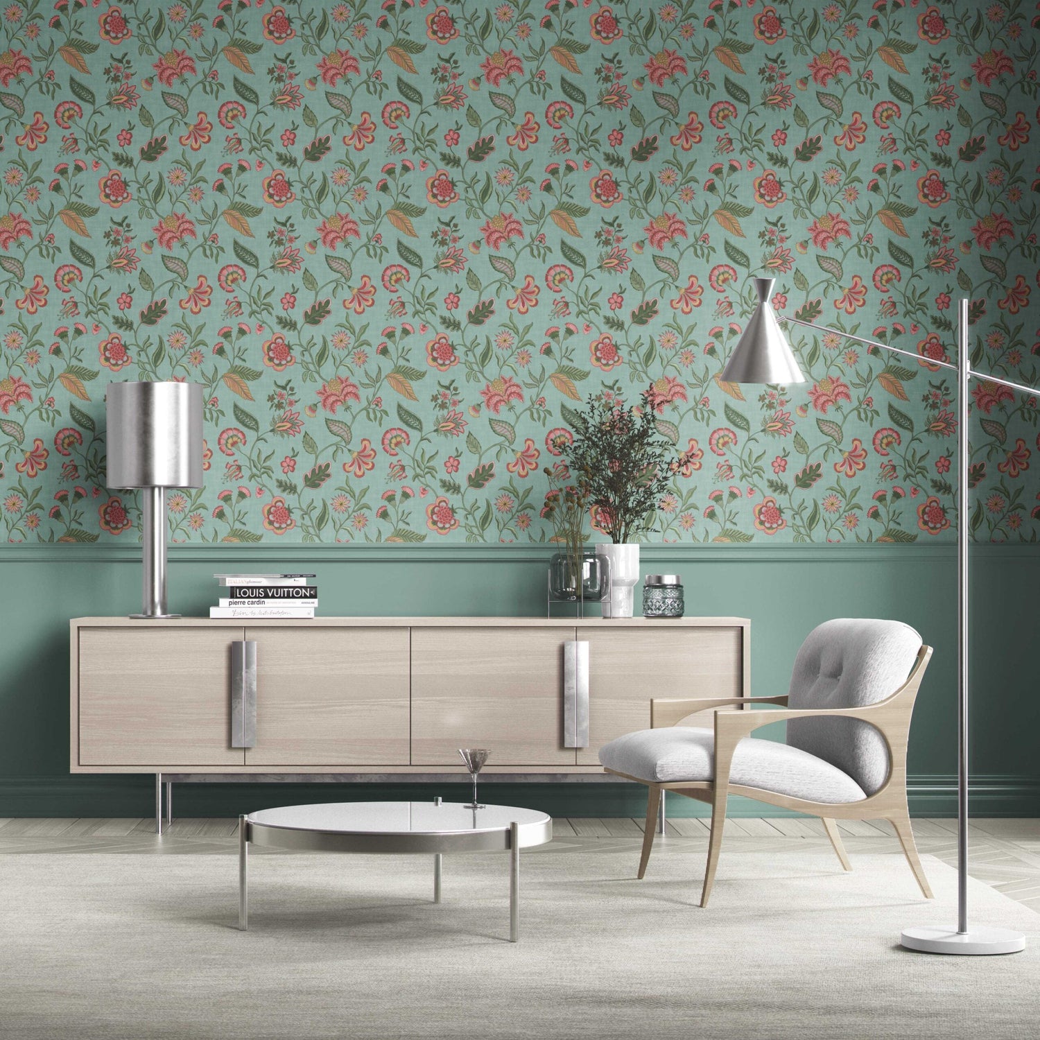 Botanical/ Floral Chinoiserie Kitchen Wallpaper (Blue-Green/ Pink/ Red)