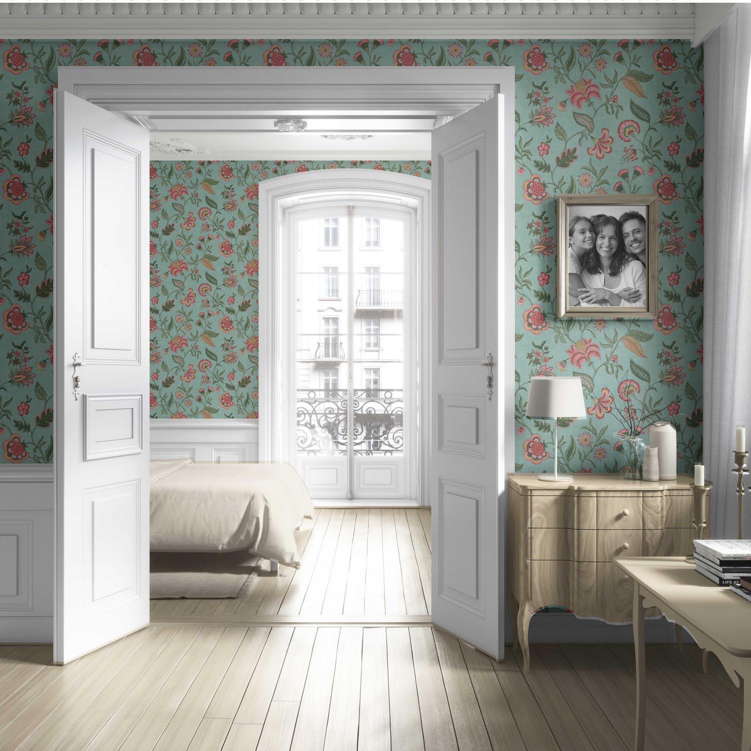 Botanical/ Floral Chinoiserie Living Room Wallpaper (Blue-Green/ Pink/ Red)