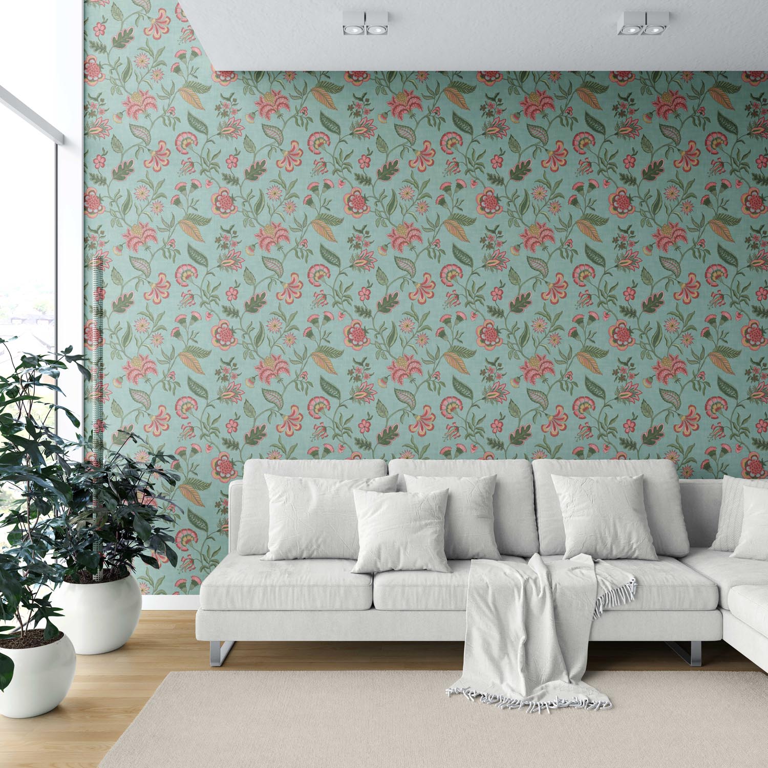 Botanical/ Floral Chinoiserie Shower Toilet Wallpaper (Blue-Green/ Pink/ Red)