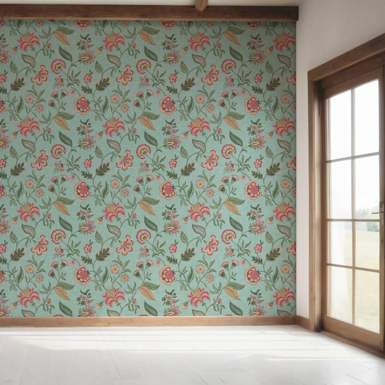 Botanical/ Floral Chinoiserie Bedroom Wallpaper (Blue-Green/ Pink/ Red)
