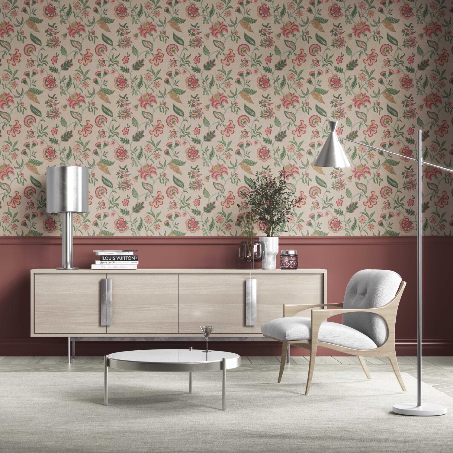 Botanical/ Floral Chinoiserie Kitchen Wallpaper (Soft Pink/ Green/ Red/ Blue)