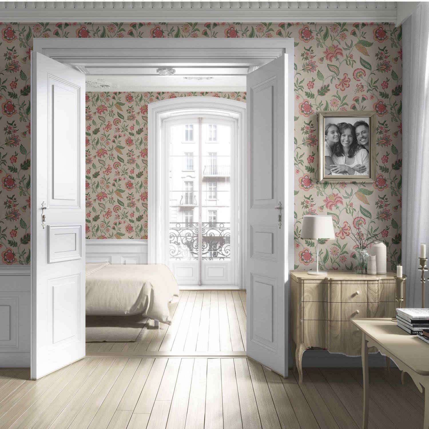 Botanical/ Floral Chinoiserie Living Room Wallpaper (Soft Pink/ Green/ Red/ Blue)