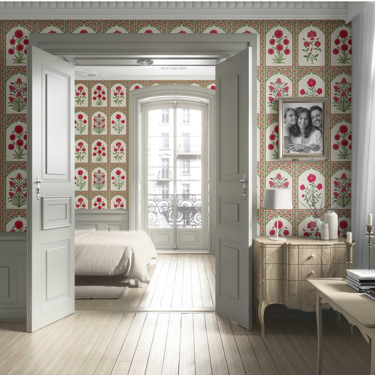 Vintage Ethnic Floral Block Print Living Room Wallpaper (Red/ Pink/ Green)