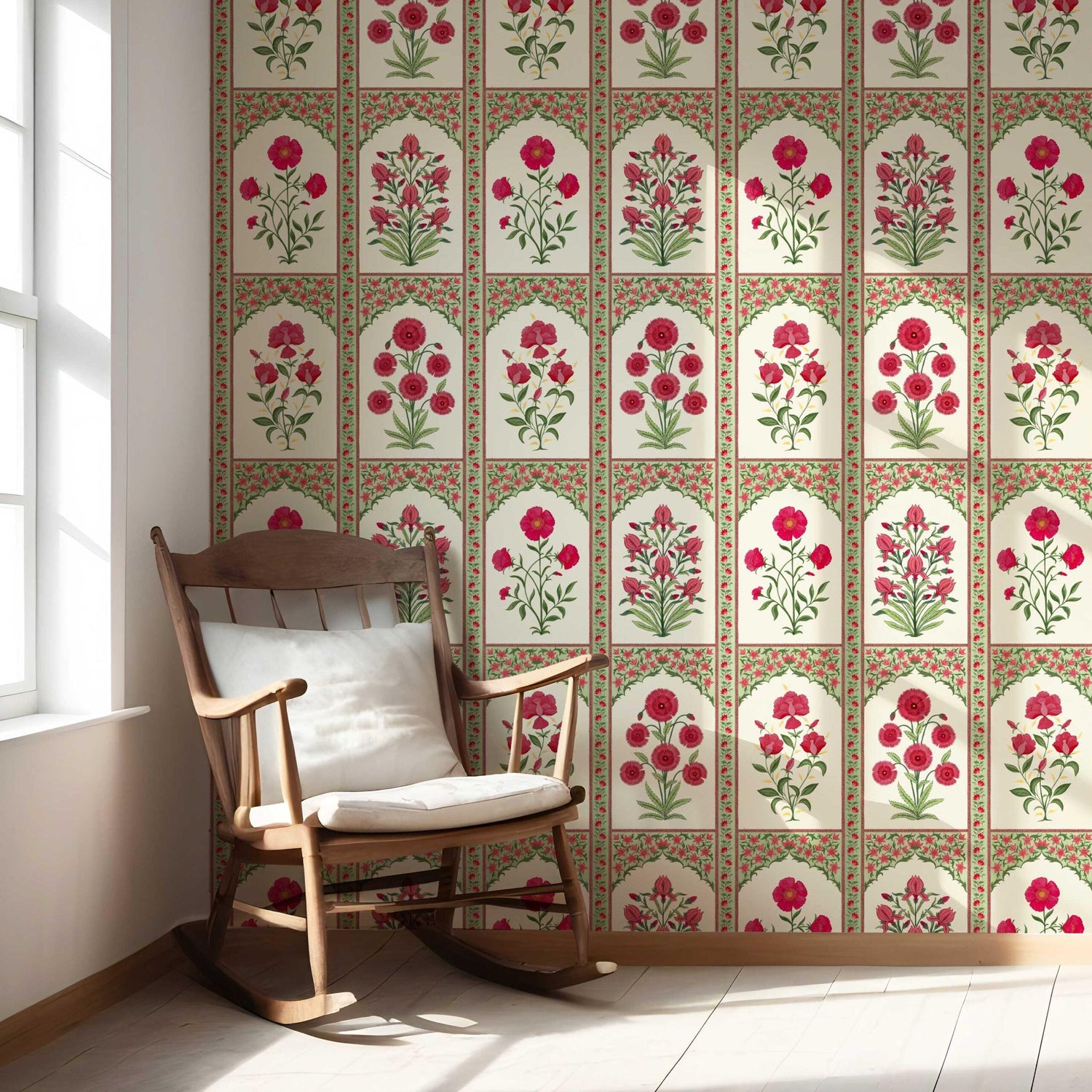 Vintage Ethnic Floral Block Print Nursery Wallpaper (Red/ Pink/ Green)