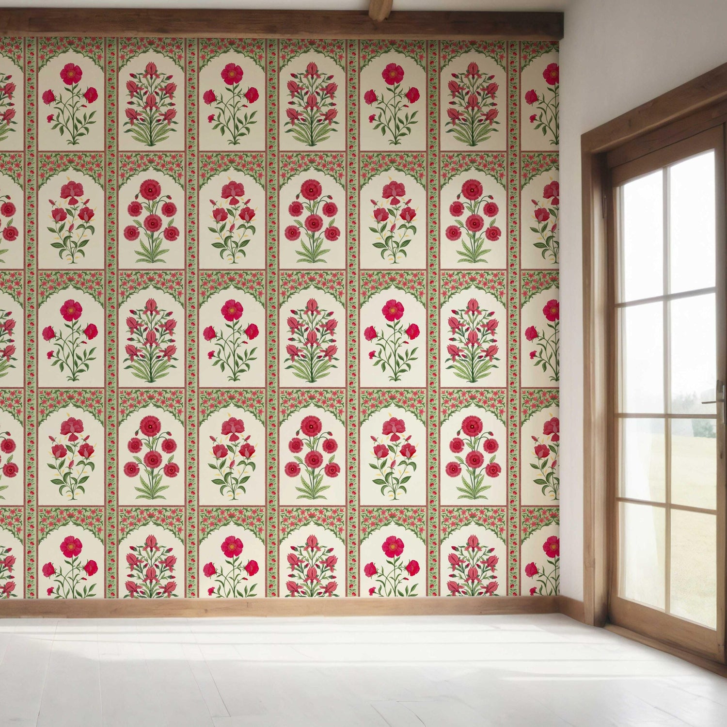 Vintage Ethnic Floral Block Print Bedroom Wallpaper (Red/ Pink/ Green)