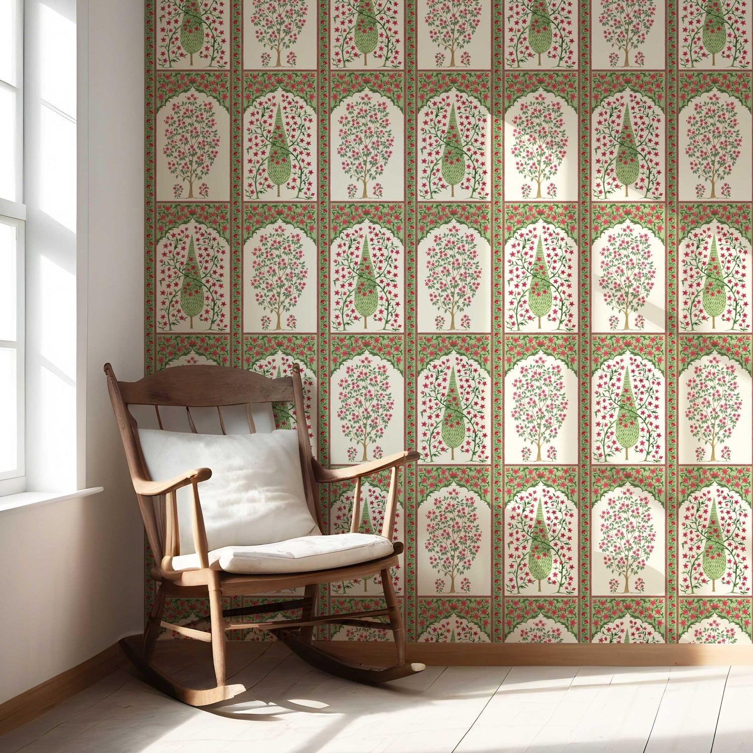 Vintage Ethnic Floral Block Print Nursery Wallpaper (Pink/ Red/ Green)