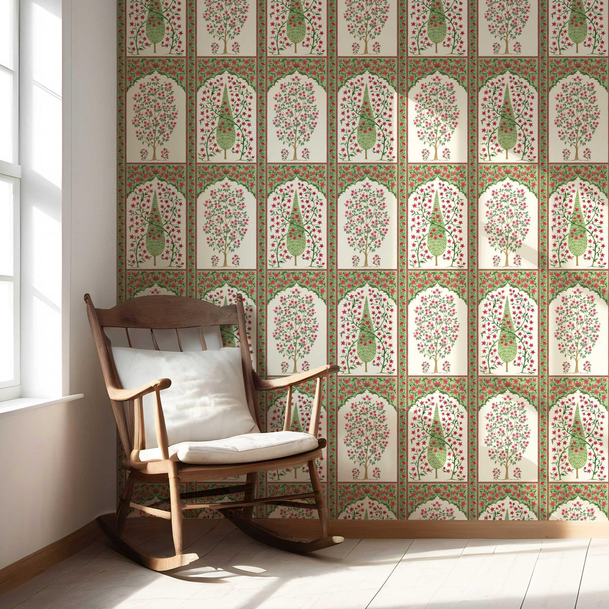 Vintage Ethnic Floral Block Print Nursery Wallpaper (Pink/ Red/ Green)
