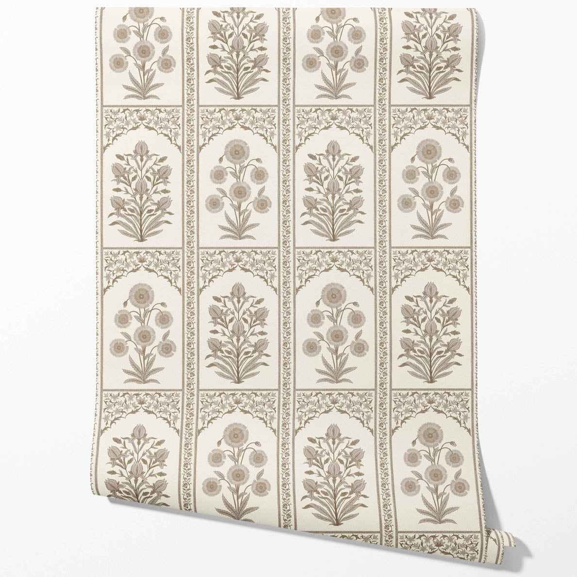 Neutral Vintage Ethnic Floral Block Print Kitchen Wallpaper (Beige/ Taupe/ Cream)