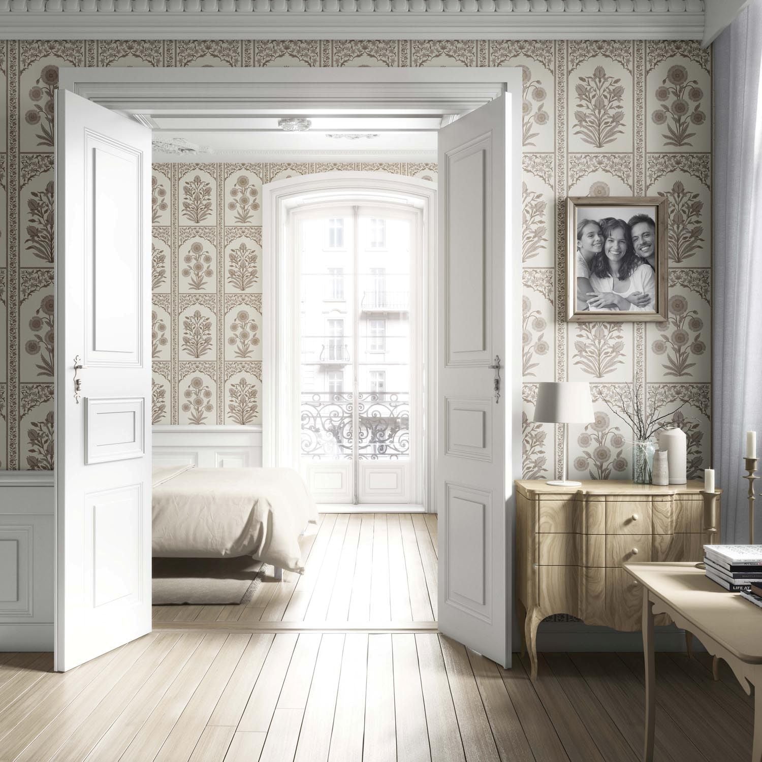 Neutral Vintage Ethnic Floral Block Print Living Room Wallpaper (Beige/ Taupe/ Cream)