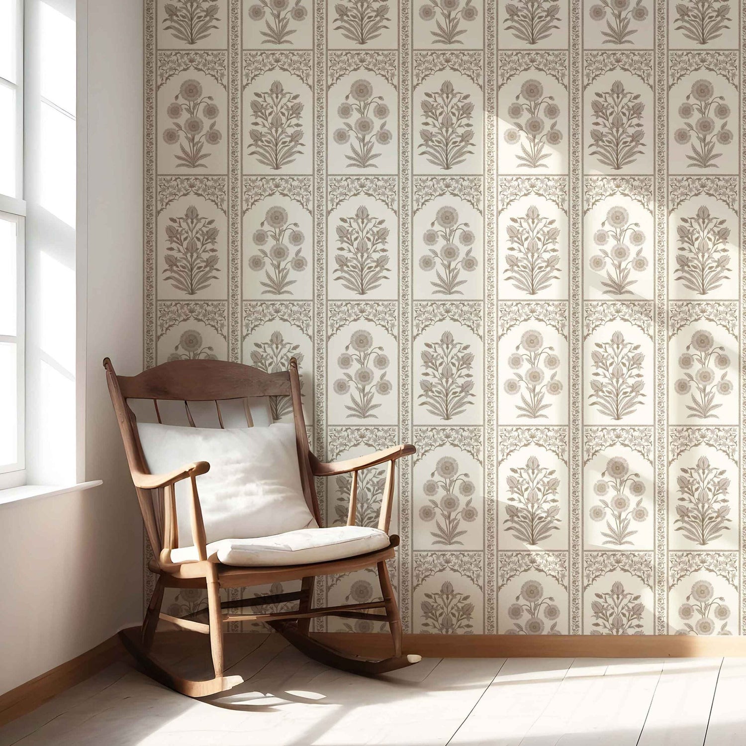 Neutral Vintage Ethnic Floral Block Print Nursery Wallpaper (Beige/ Taupe/ Cream)
