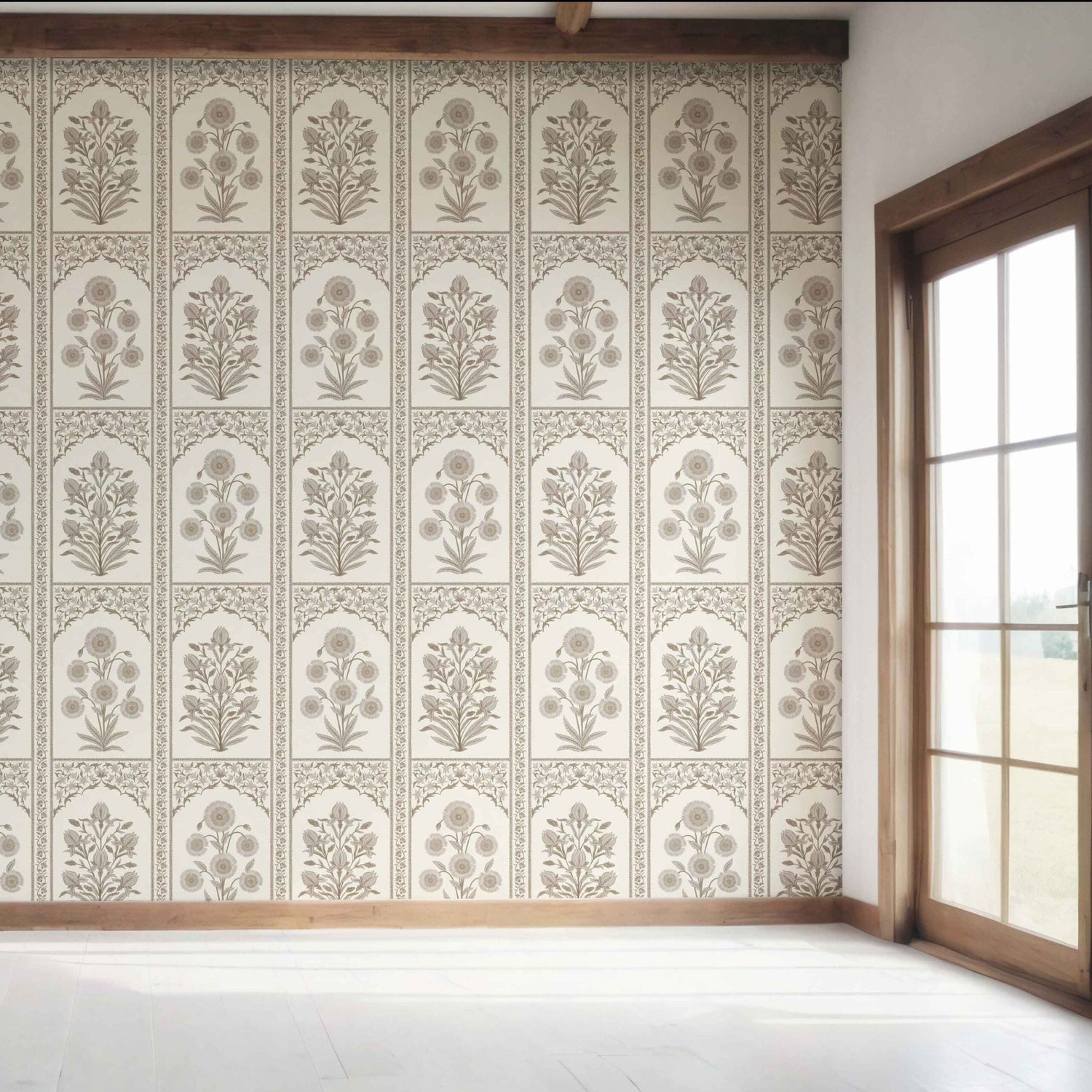 Neutral Vintage Ethnic Floral Block Print Bedroom Wallpaper (Beige/ Taupe/ Cream)