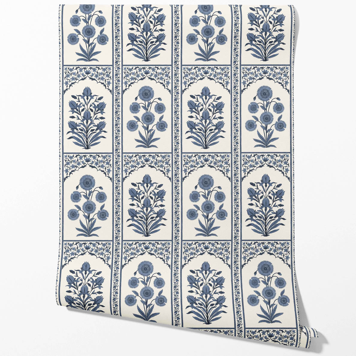 Vintage Ethnic Floral Block Print Kitchen Wallpaper (Navy Blue/ Cream)