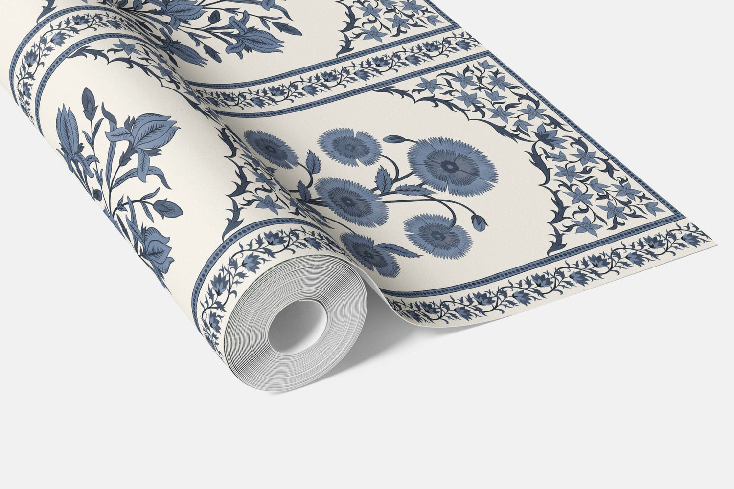 Vintage Ethnic Floral Block Print Bathroom Wallpaper (Navy Blue/ Cream)