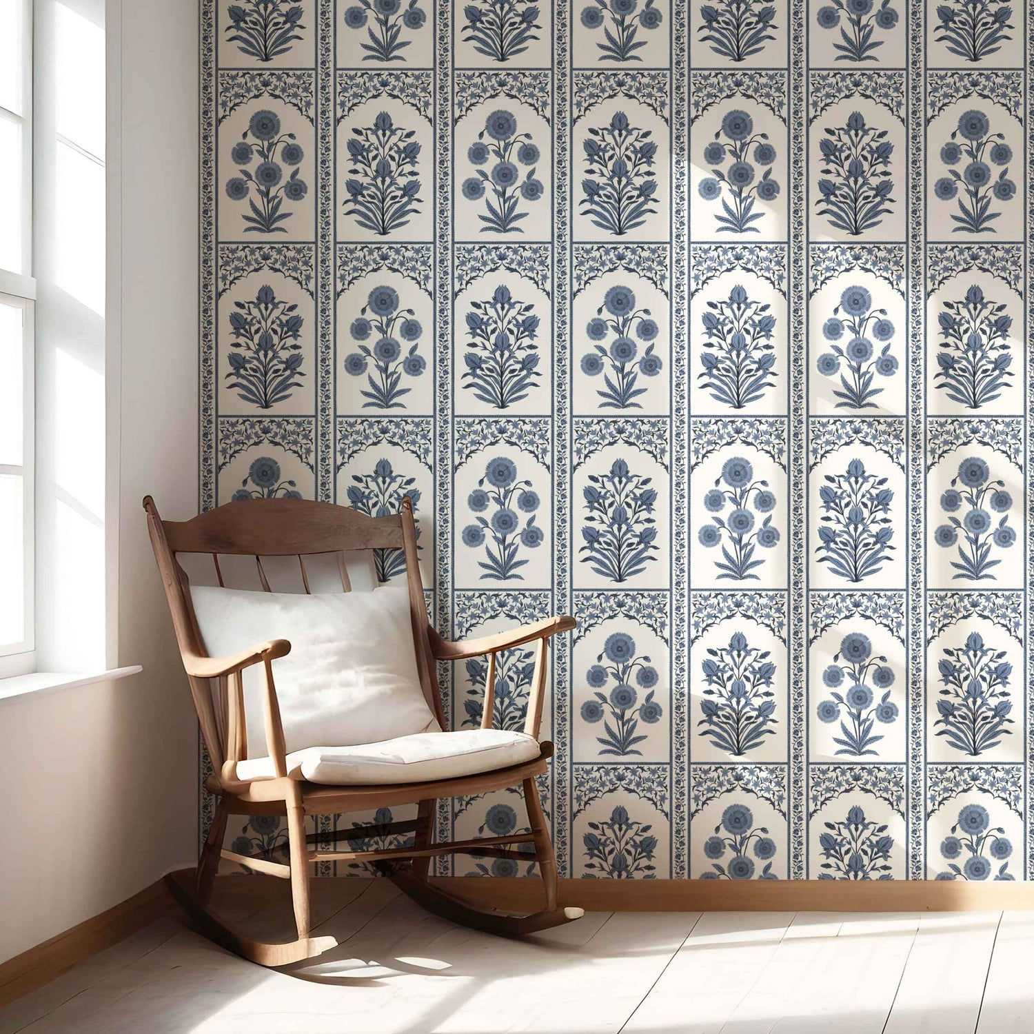 Vintage Ethnic Floral Block Print Nursery Wallpaper (Navy Blue/ Cream)