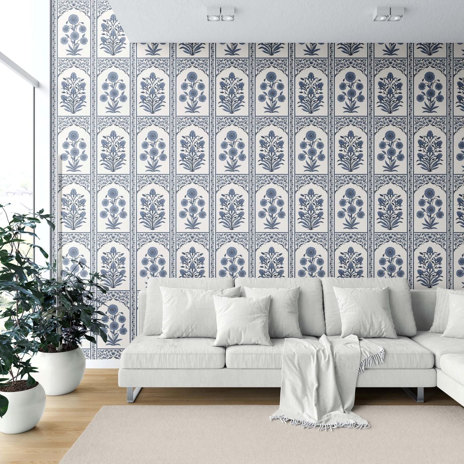 Vintage Ethnic Floral Block Print Shower Toilet Wallpaper (Navy Blue/ Cream)