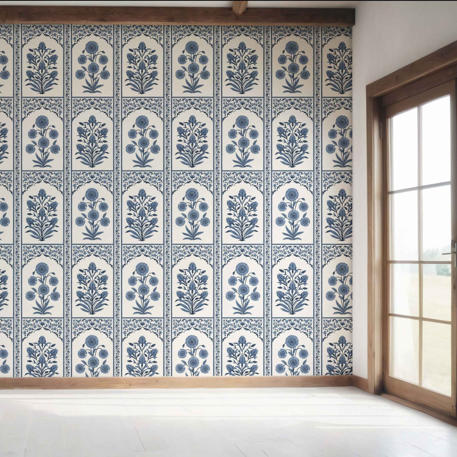 Vintage Ethnic Floral Block Print Bedroom Wallpaper (Navy Blue/ Cream)