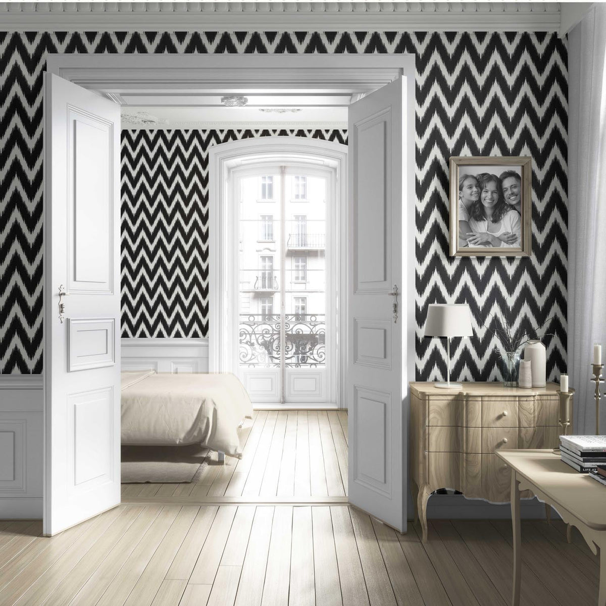 Neutral Chevron/ Zigzag Geometric Living Room Wallpaper (Black/ White)