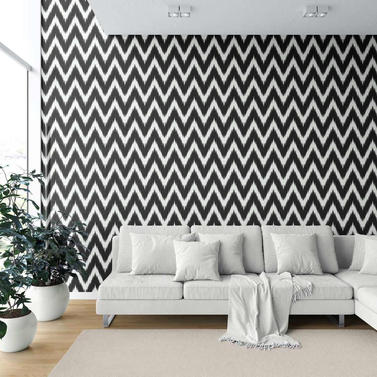 Neutral Chevron/ Zigzag Geometric Shower Toilet Wallpaper (Black/ White)