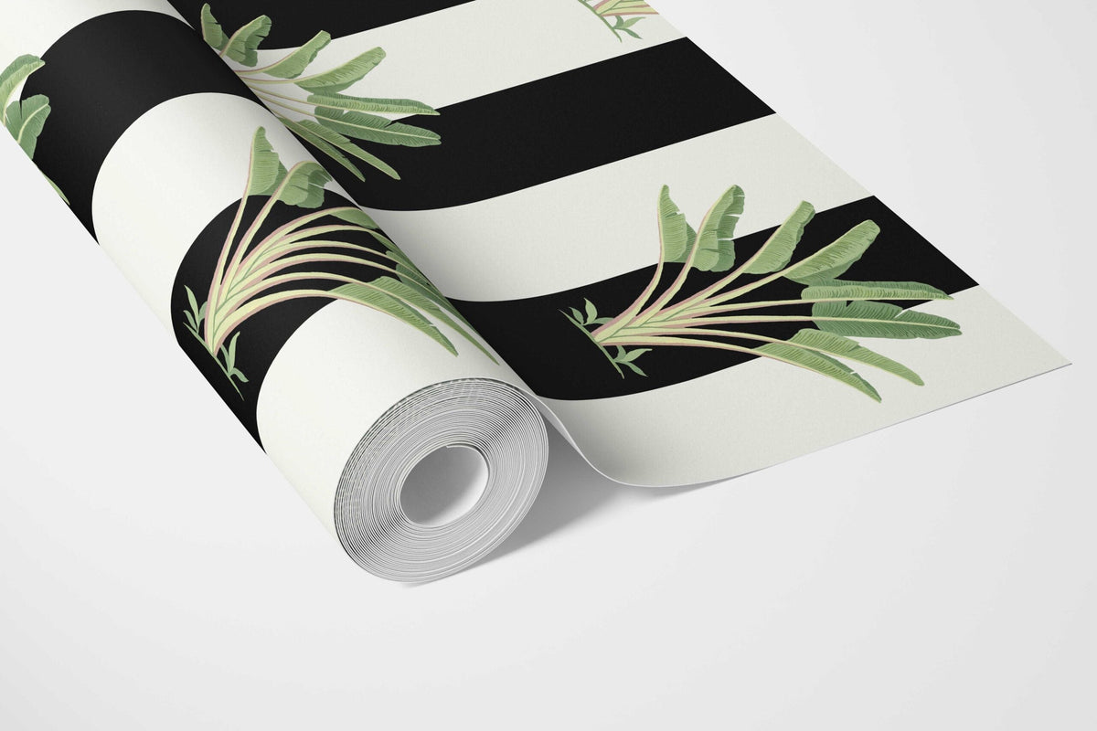 Geometric Floral Striped Bathroom Wallpaper (Black/ White/ Green)
