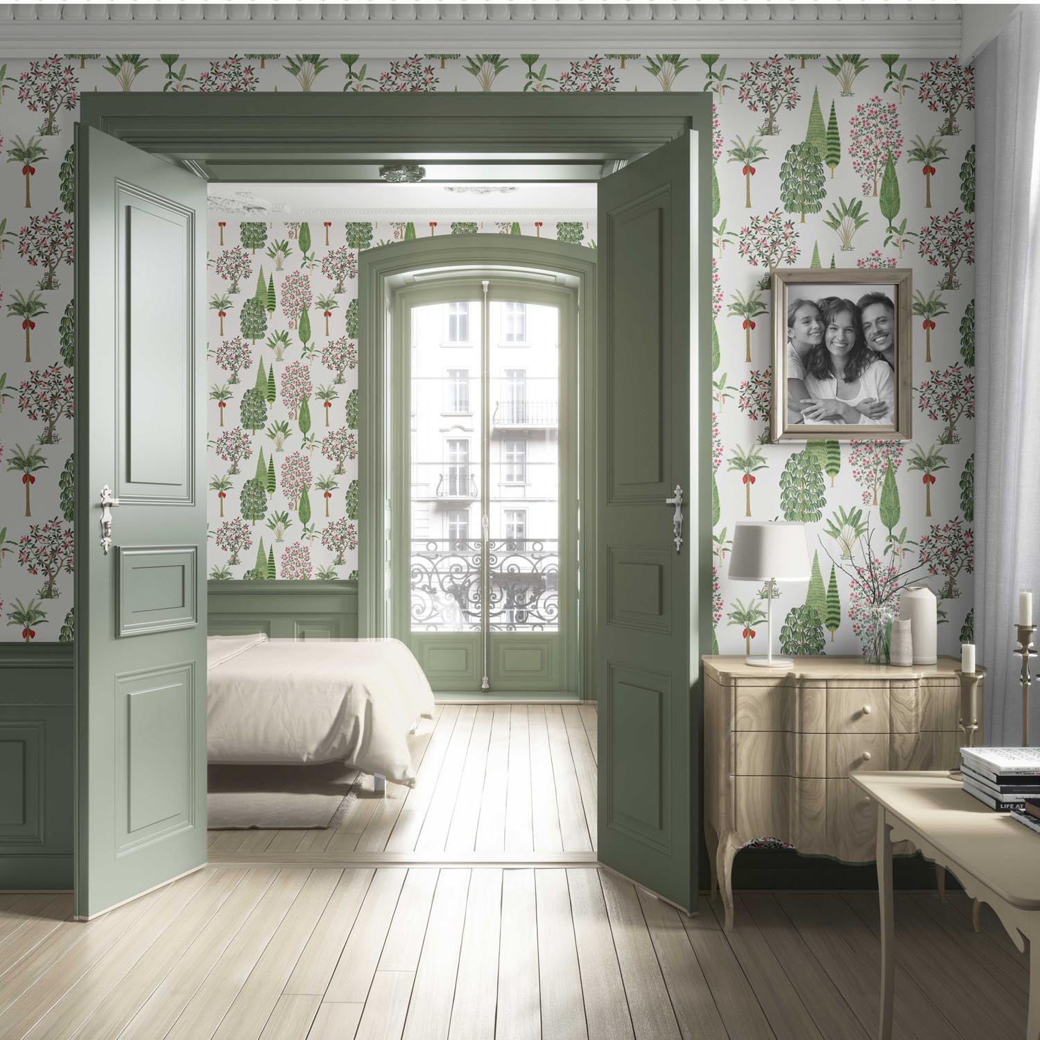 Bohemian Botanical Floral Block Print Living Room Wallpaper (Green/ Pink/ Red/ White)