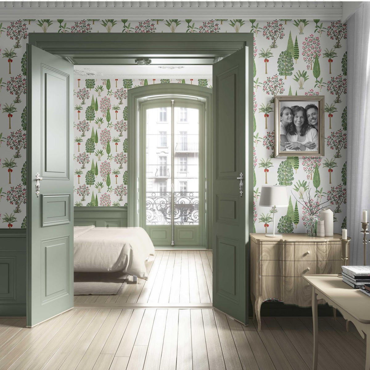 Bohemian Botanical Floral Block Print Living Room Wallpaper (Green/ Pink/ Red/ White)