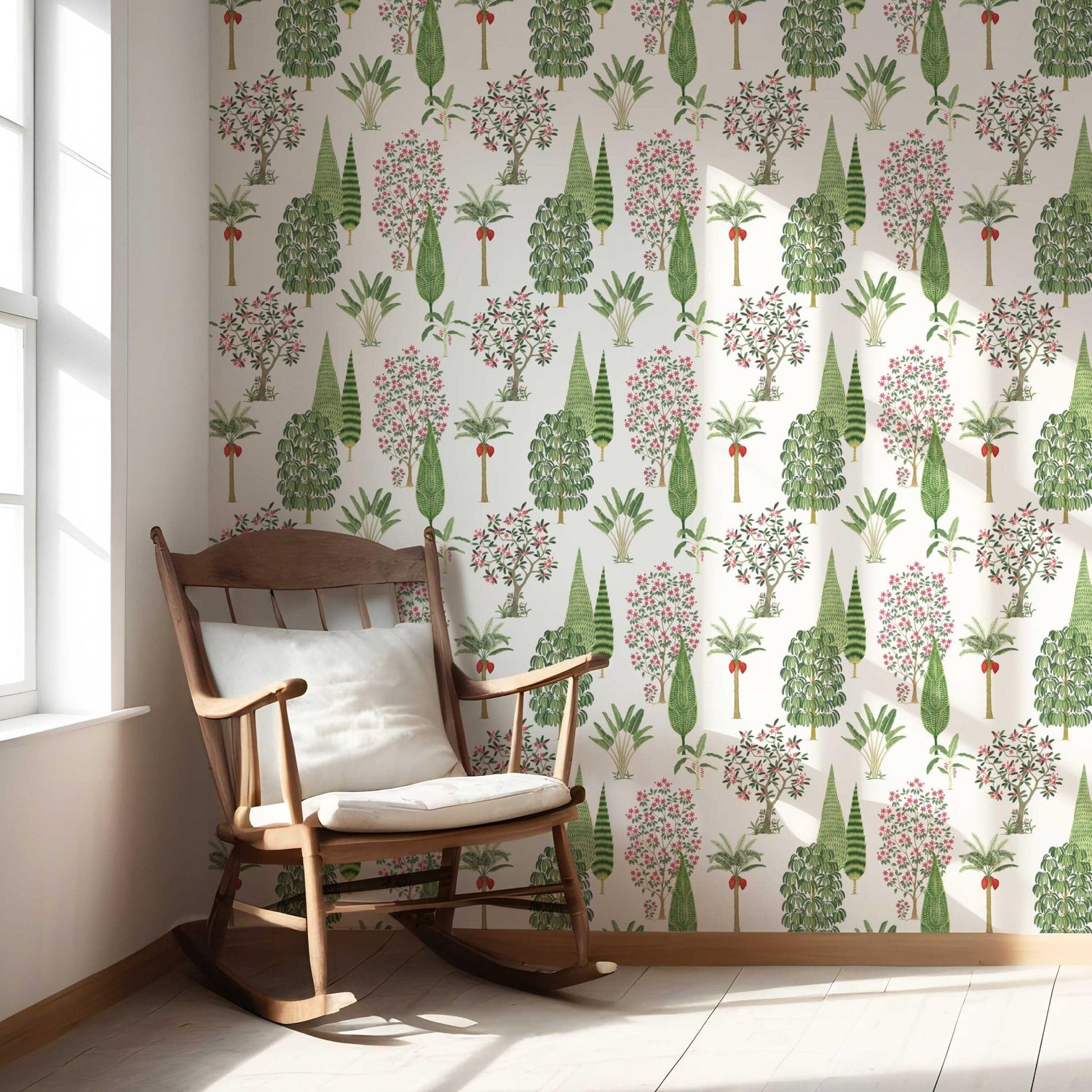 Bohemian Botanical Floral Block Print Nursery Wallpaper (Green/ Pink/ Red/ White)