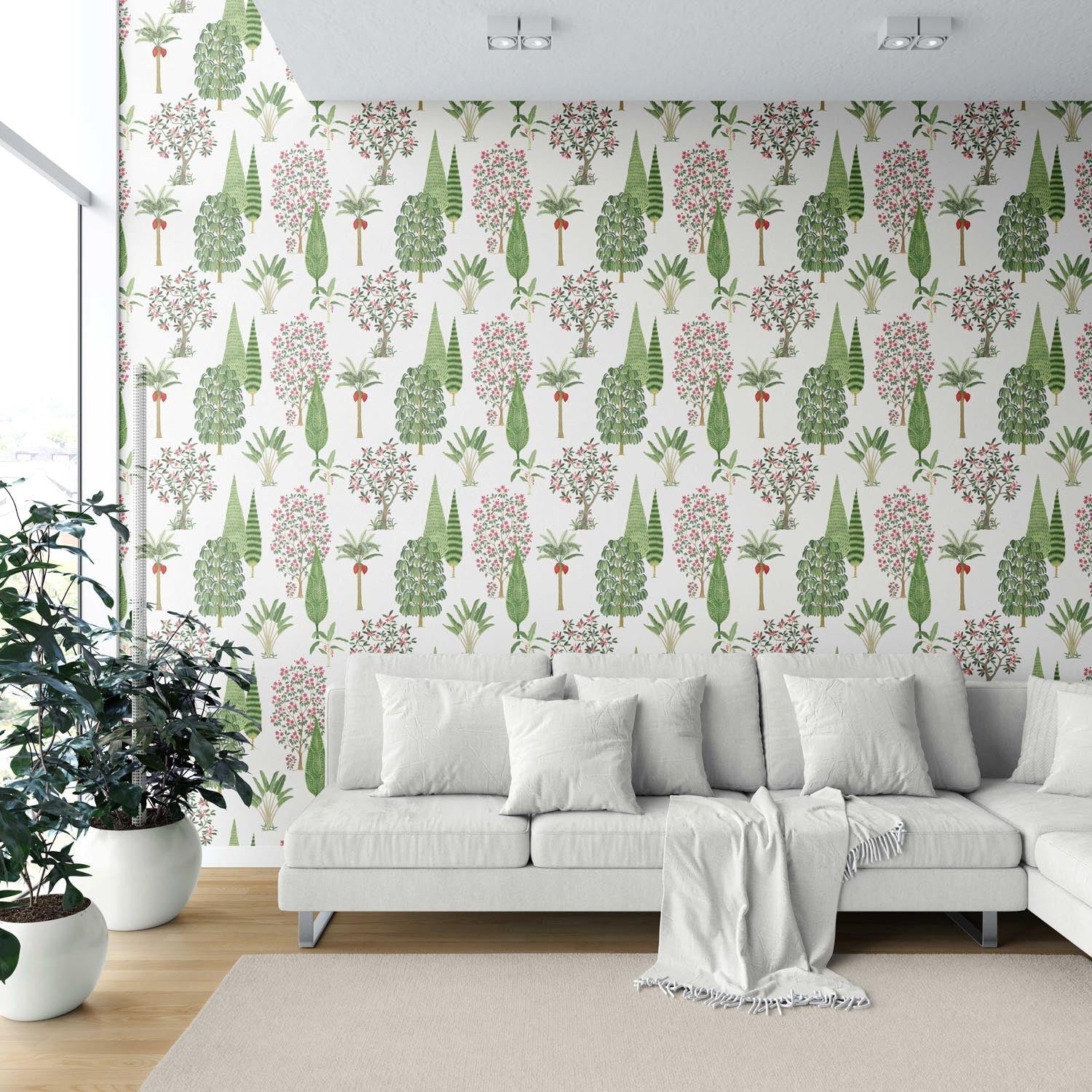 Bohemian Botanical Floral Block Print Shower Toilet Wallpaper (Green/ Pink/ Red/ White)