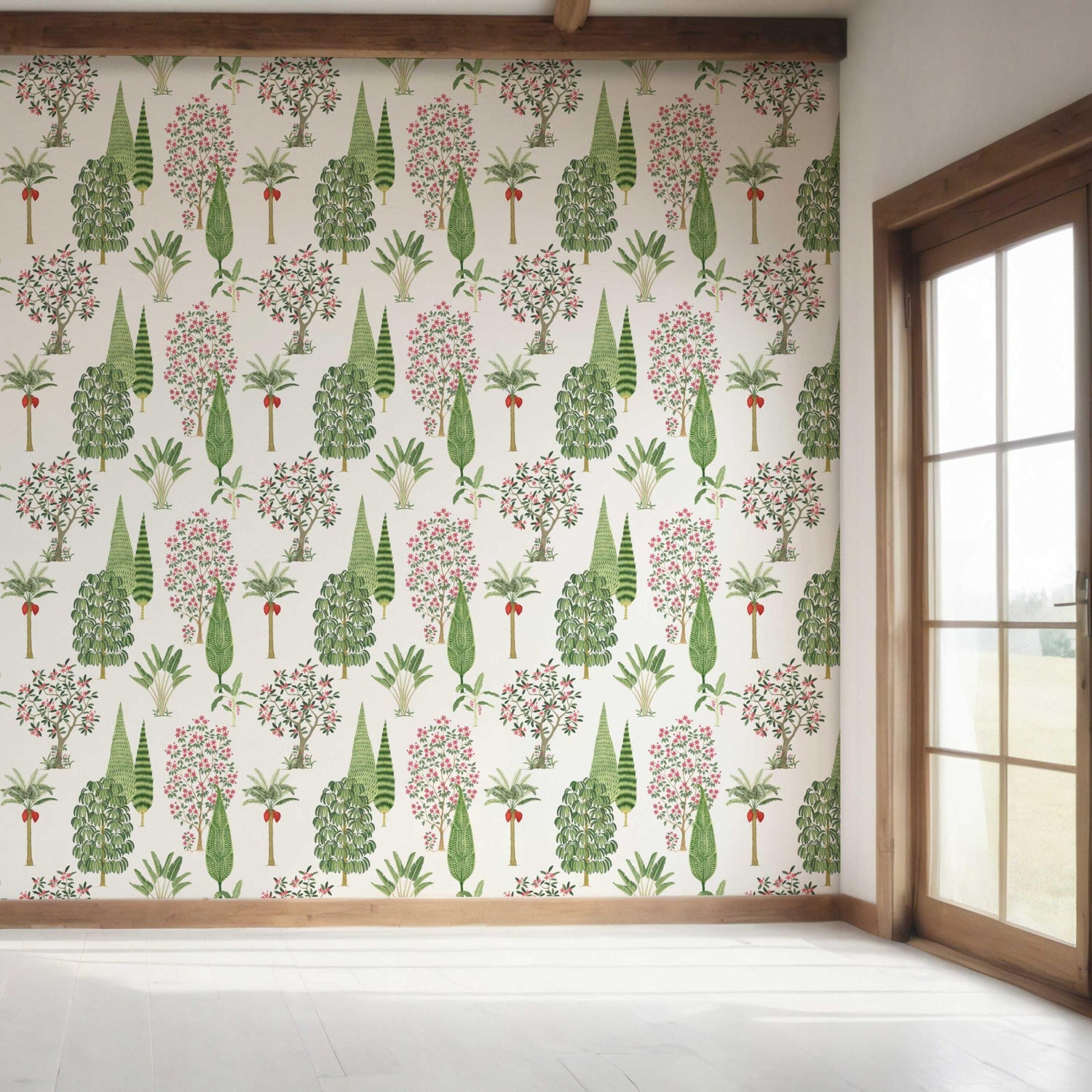 Bohemian Botanical Floral Block Print Bedroom Wallpaper (Green/ Pink/ Red/ White)