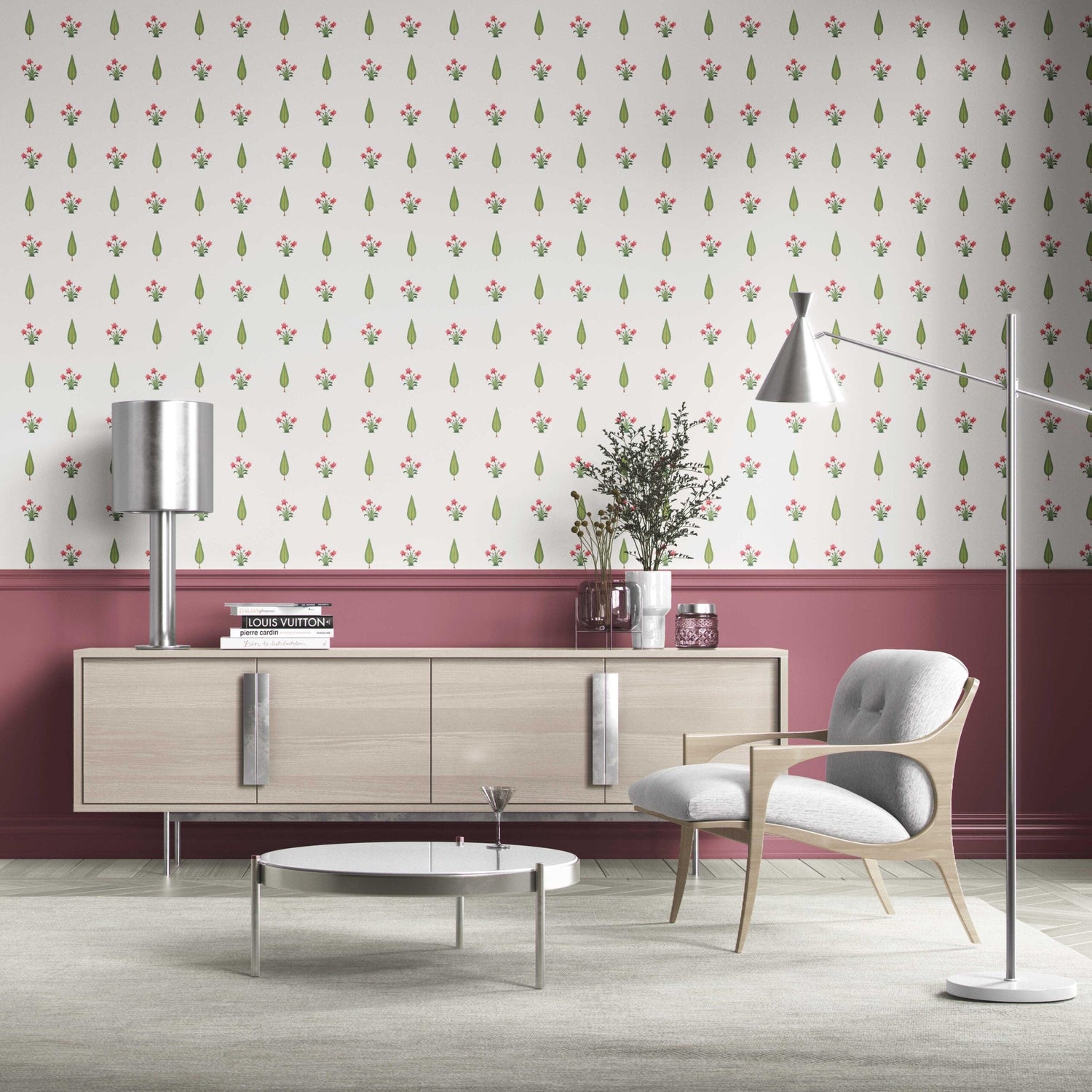 Botanical Floral Block Print Kitchen Wallpaper (Pink/ Green)