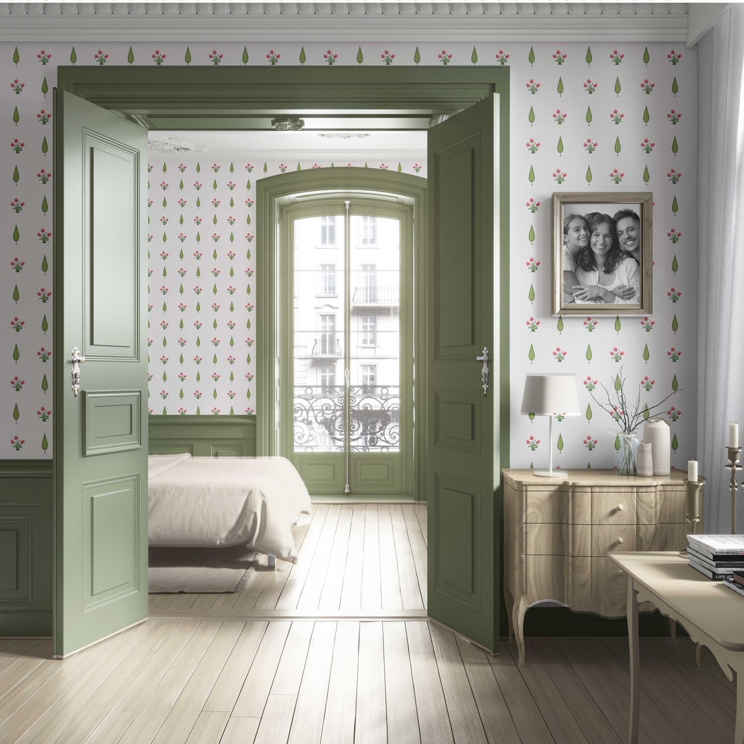 Botanical Floral Block Print Living Room Wallpaper (Pink/ Green)