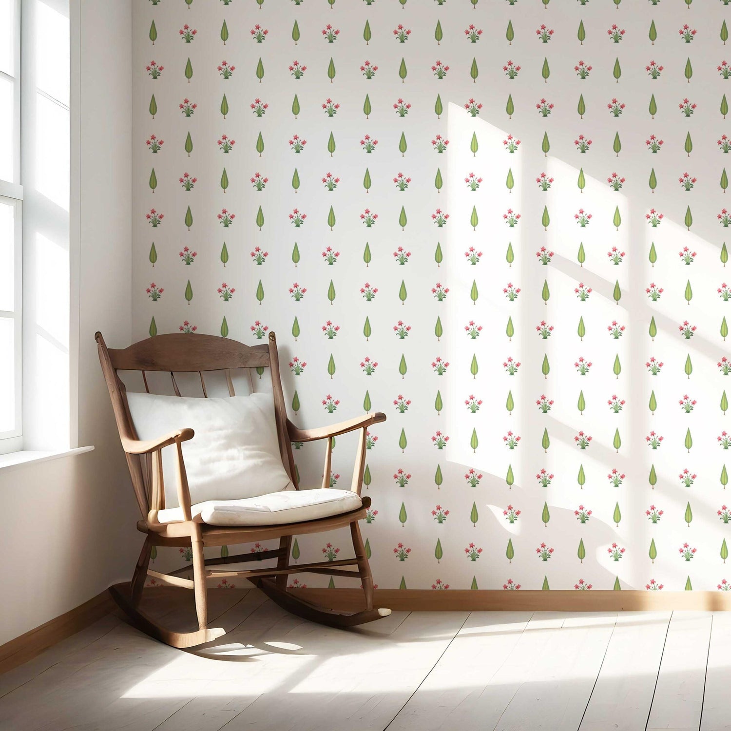 Botanical Floral Block Print Nursery Wallpaper (Pink/ Green)