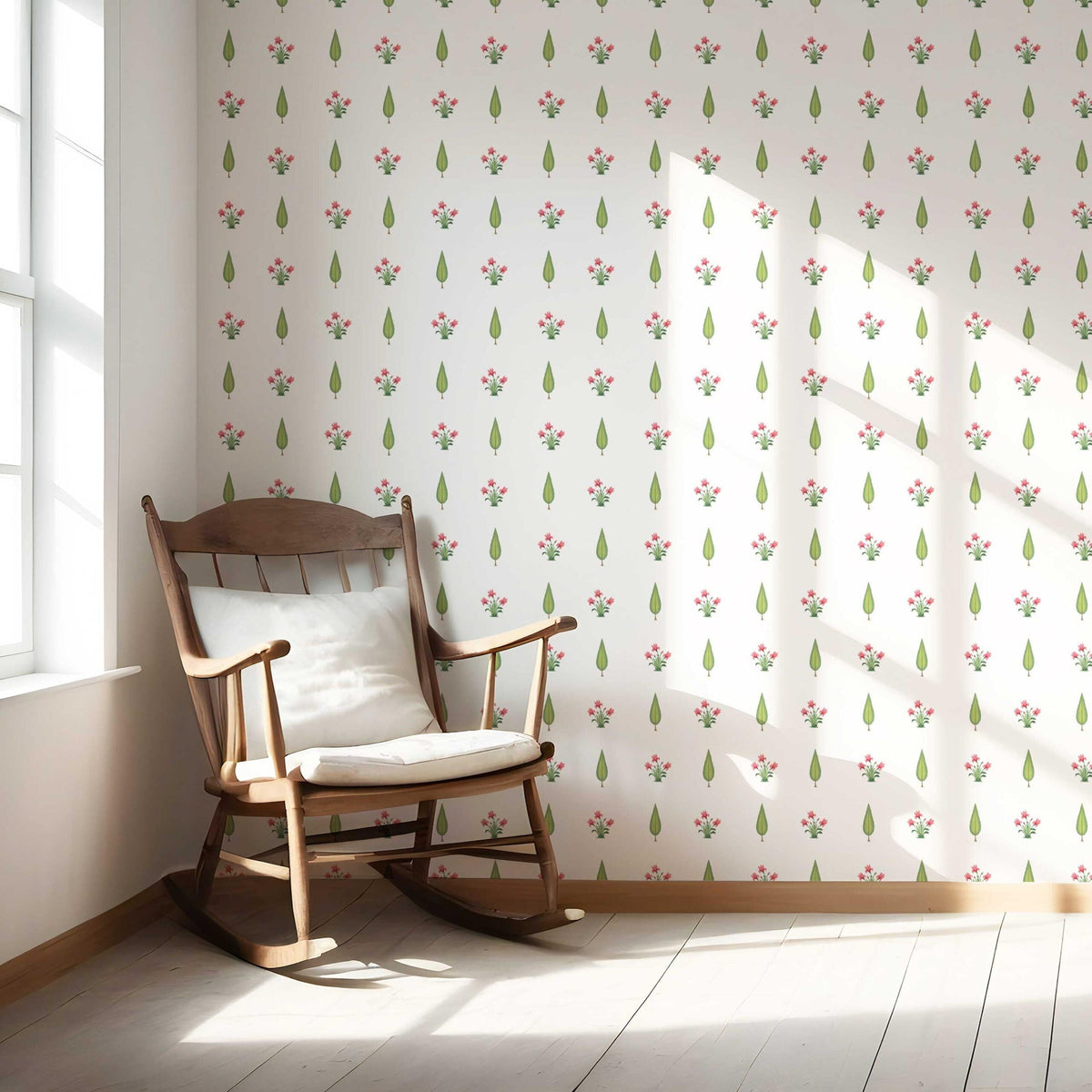 Botanical Floral Block Print Nursery Wallpaper (Pink/ Green)
