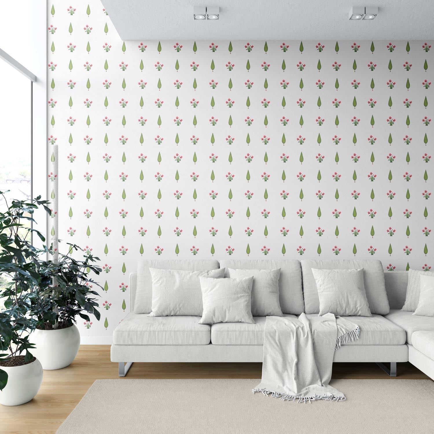 Botanical Floral Block Print Shower Toilet Wallpaper (Pink/ Green)
