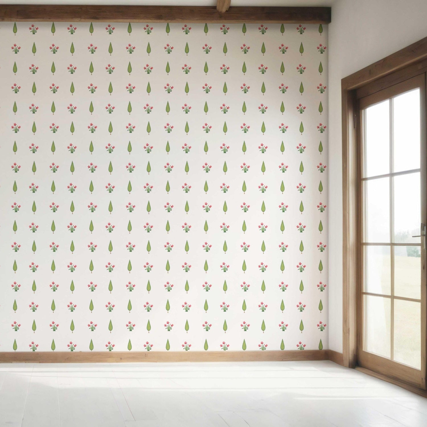 Botanical Floral Block Print Bedroom Wallpaper (Pink/ Green)