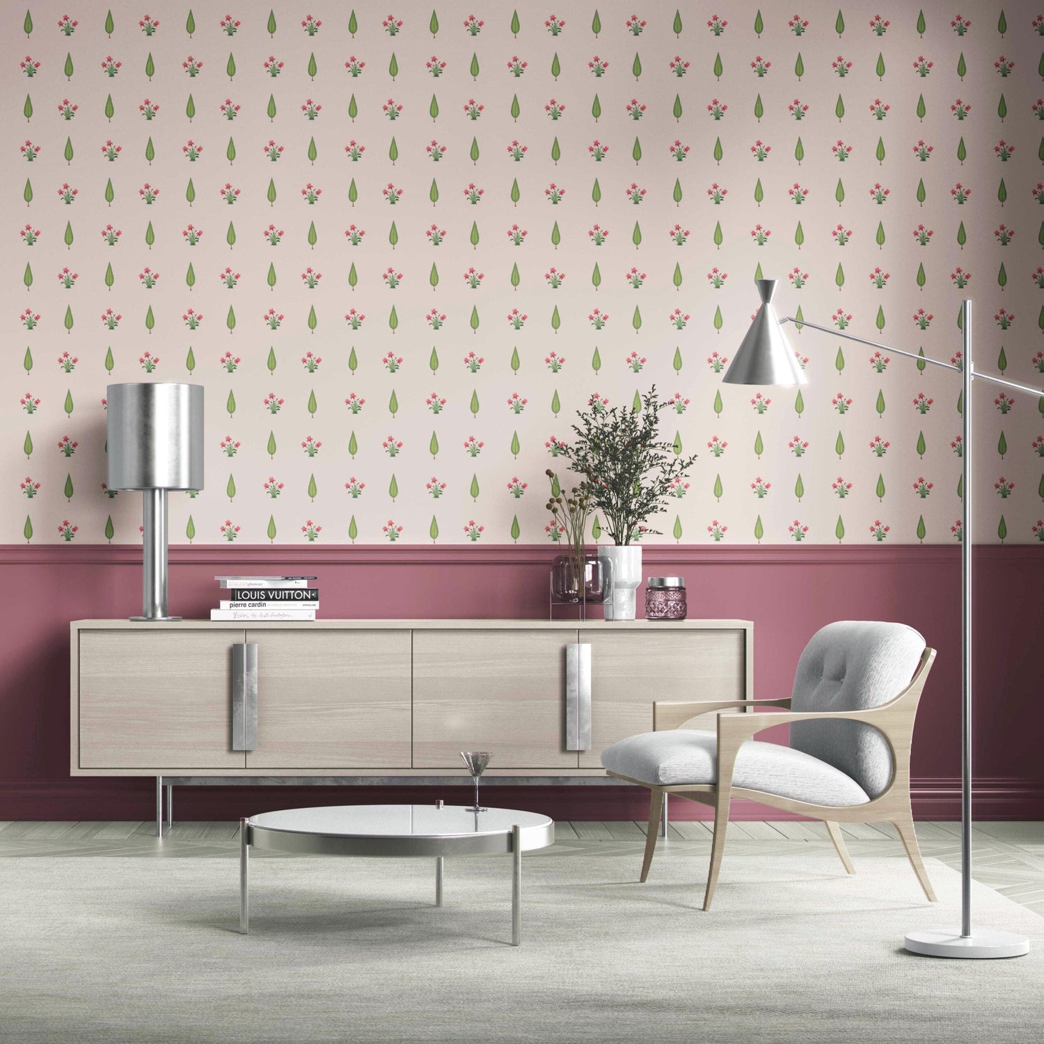 Botanical Floral Block Print Kitchen Wallpaper (Soft Pink/ Green)