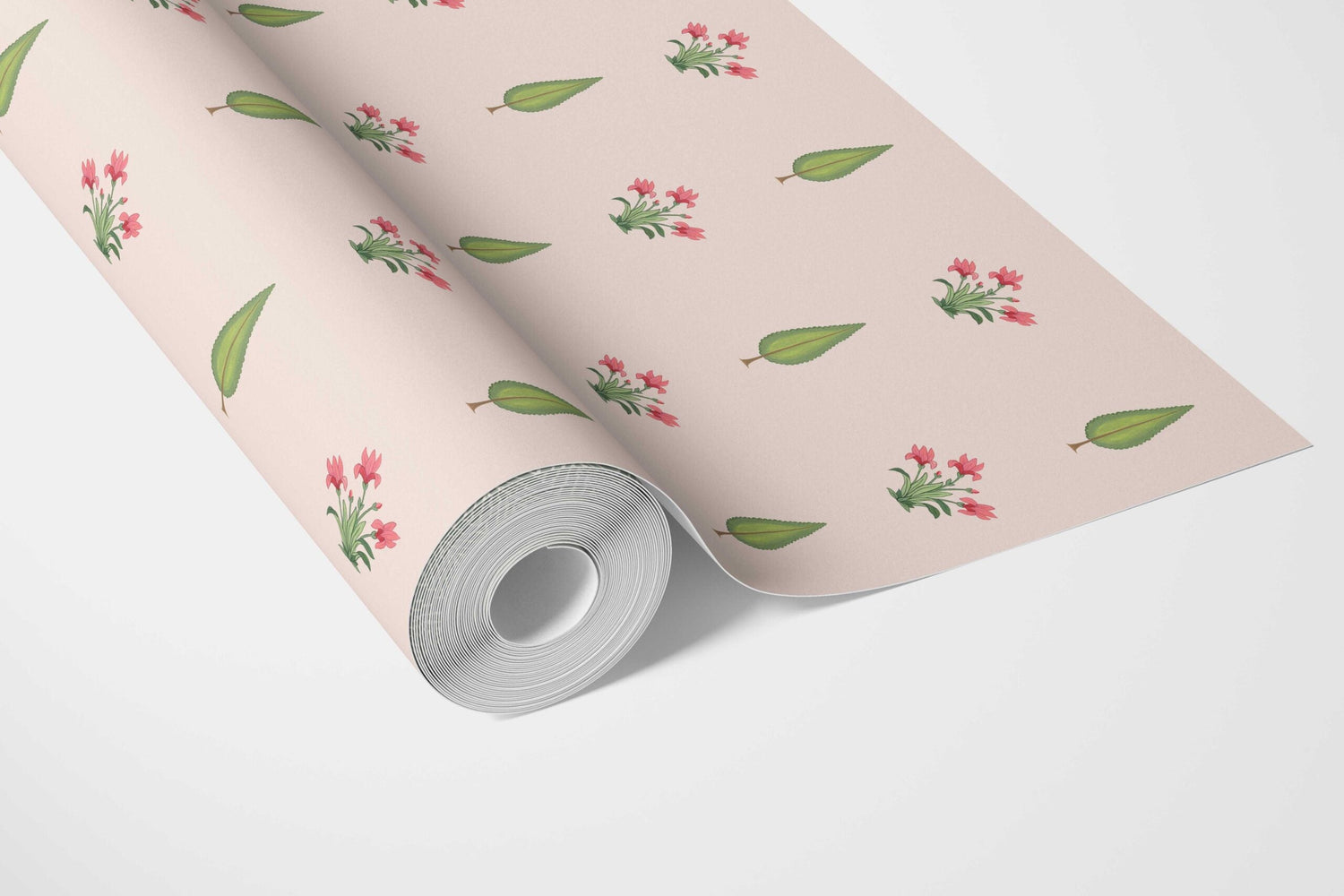 Botanical Floral Block Print Bathroom Wallpaper (Soft Pink/ Green)