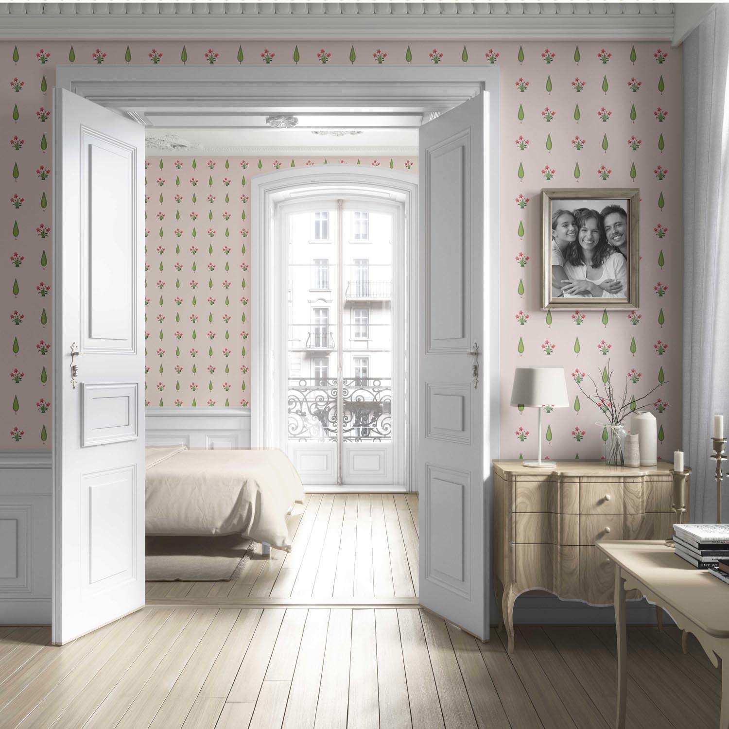 Botanical Floral Block Print Living Room Wallpaper (Soft Pink/ Green)