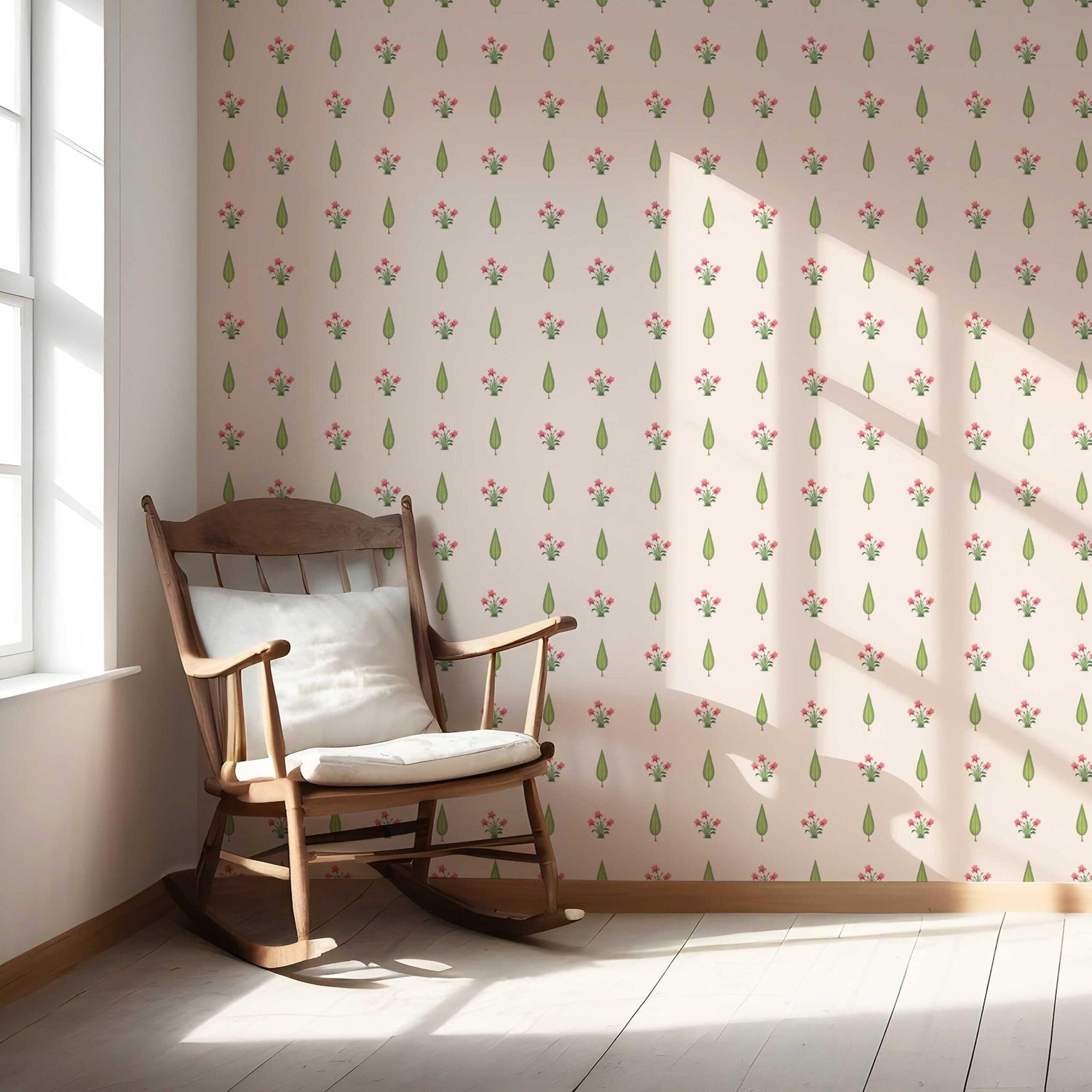 Botanical Floral Block Print Nursery Wallpaper (Soft Pink/ Green)