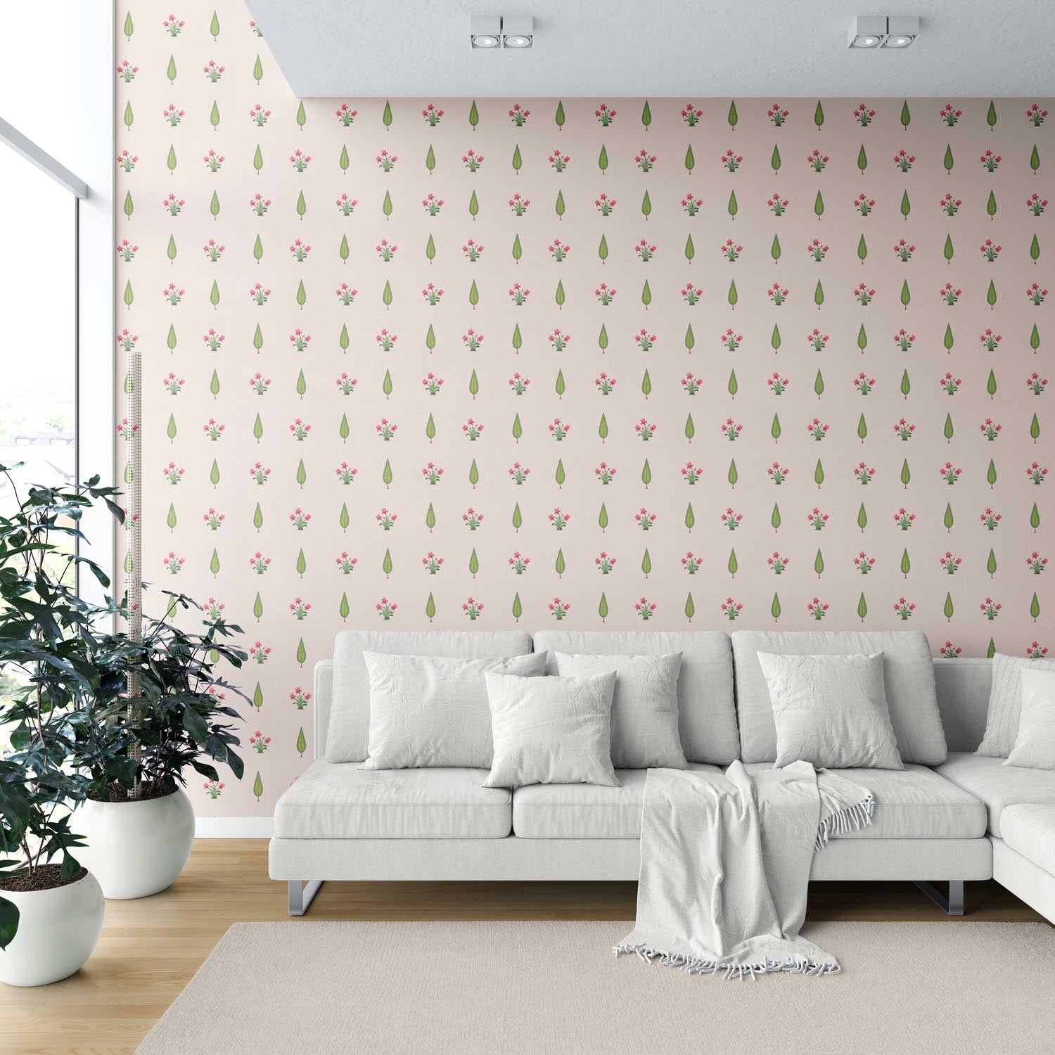 Botanical Floral Block Print Shower Toilet Wallpaper (Soft Pink/ Green)